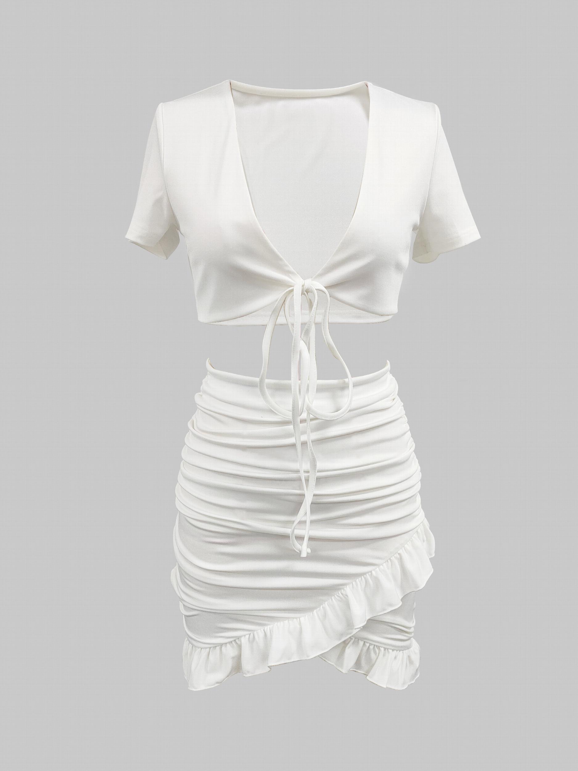 Casual Tie Front Short Sleeve Top & Ruched Bag Hip Skirt Set