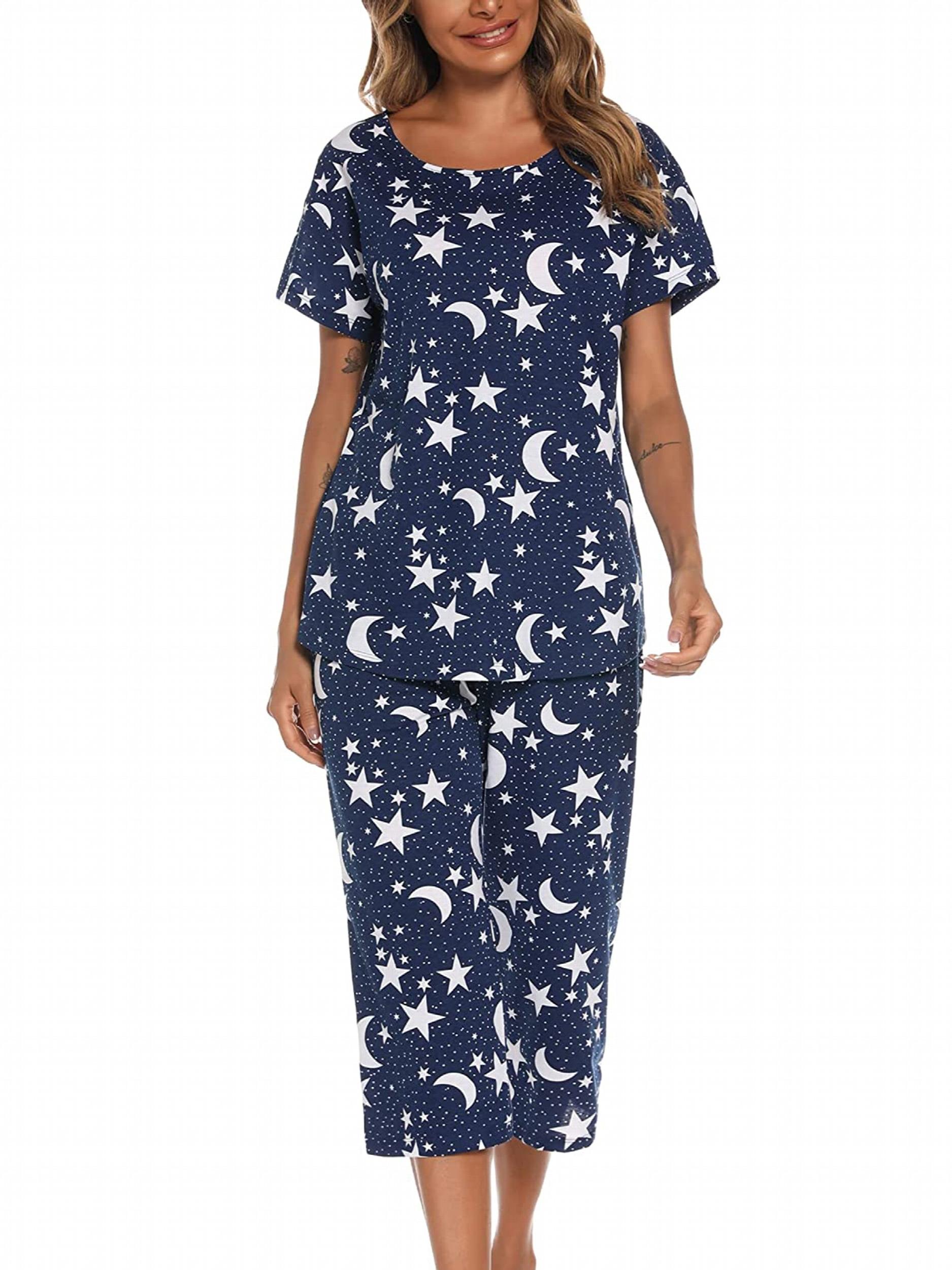 Star Print Pajama Set Short Sleeve Round Neck Top & Elastic Waistband