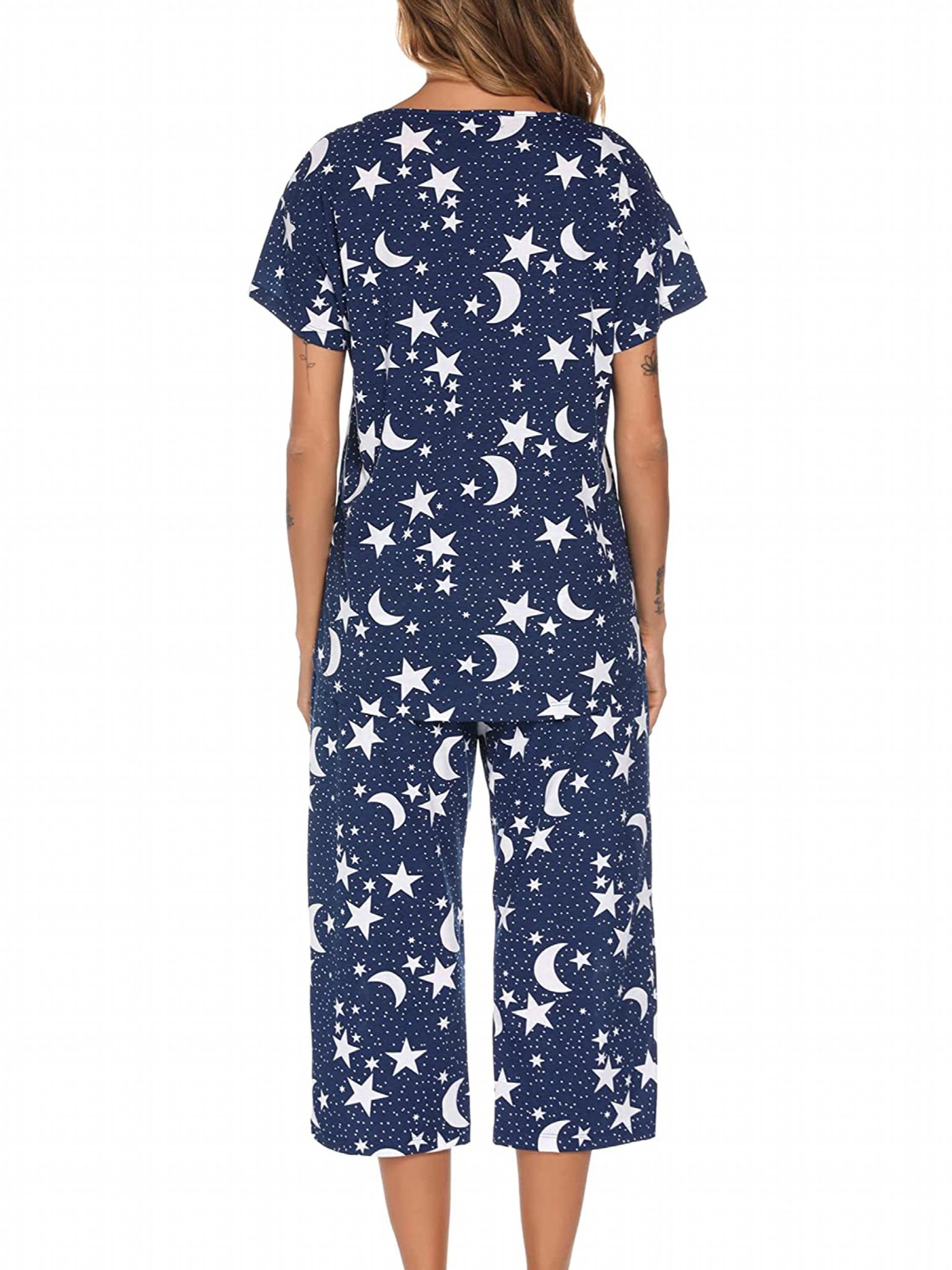 Star Print Pajama Set Short Sleeve Round Neck Top & Elastic Waistband