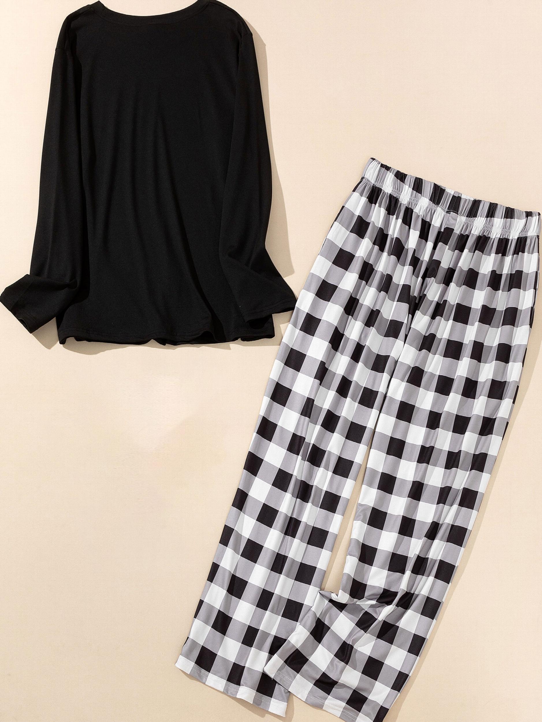 Santa Claus Print Long Sleeve Tee & Plaid Pants Pajamas Set