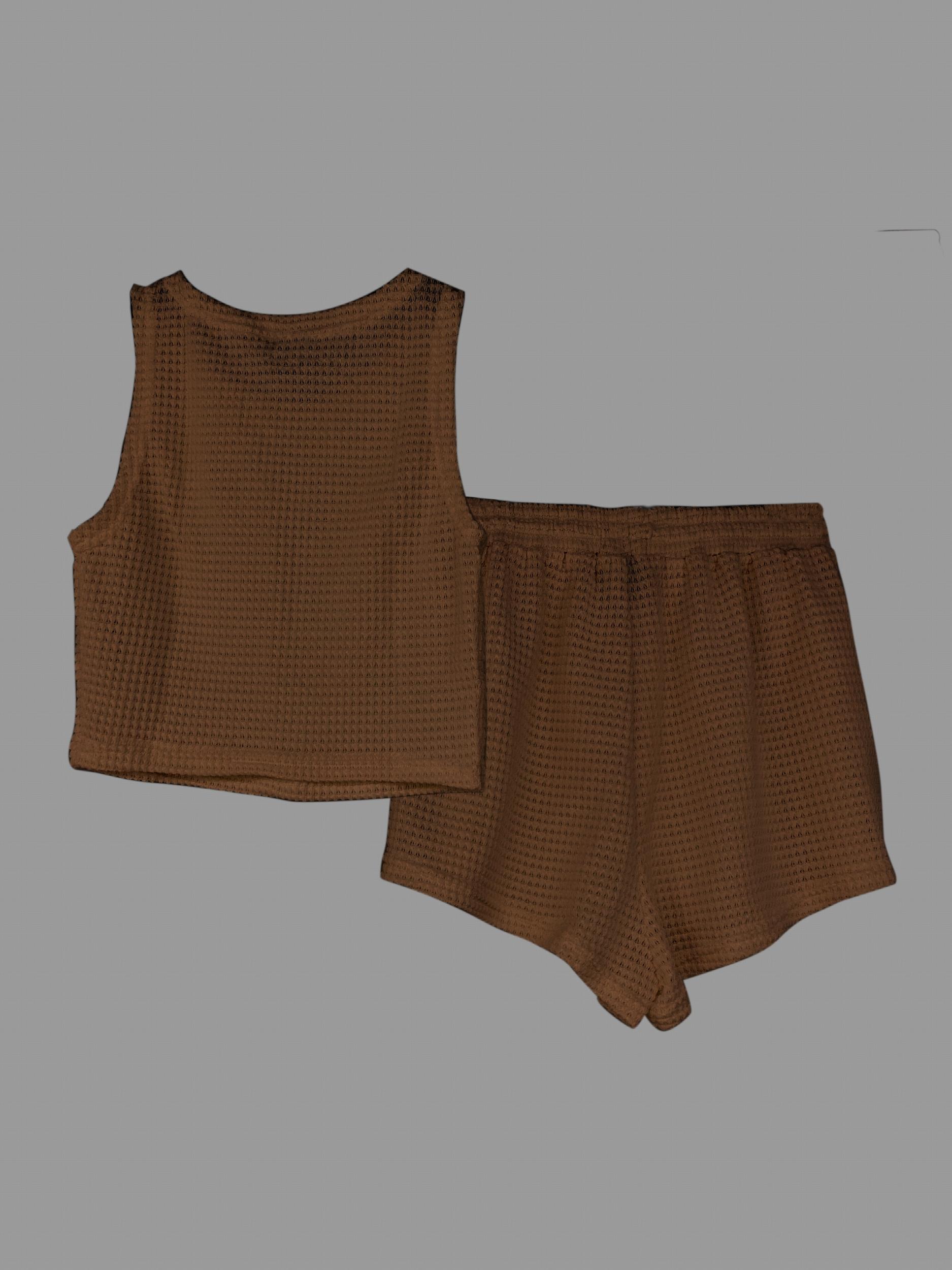 Waffle Two Piece Set Crew Neck Sleeveless Tank Top & Drawstring Shorts