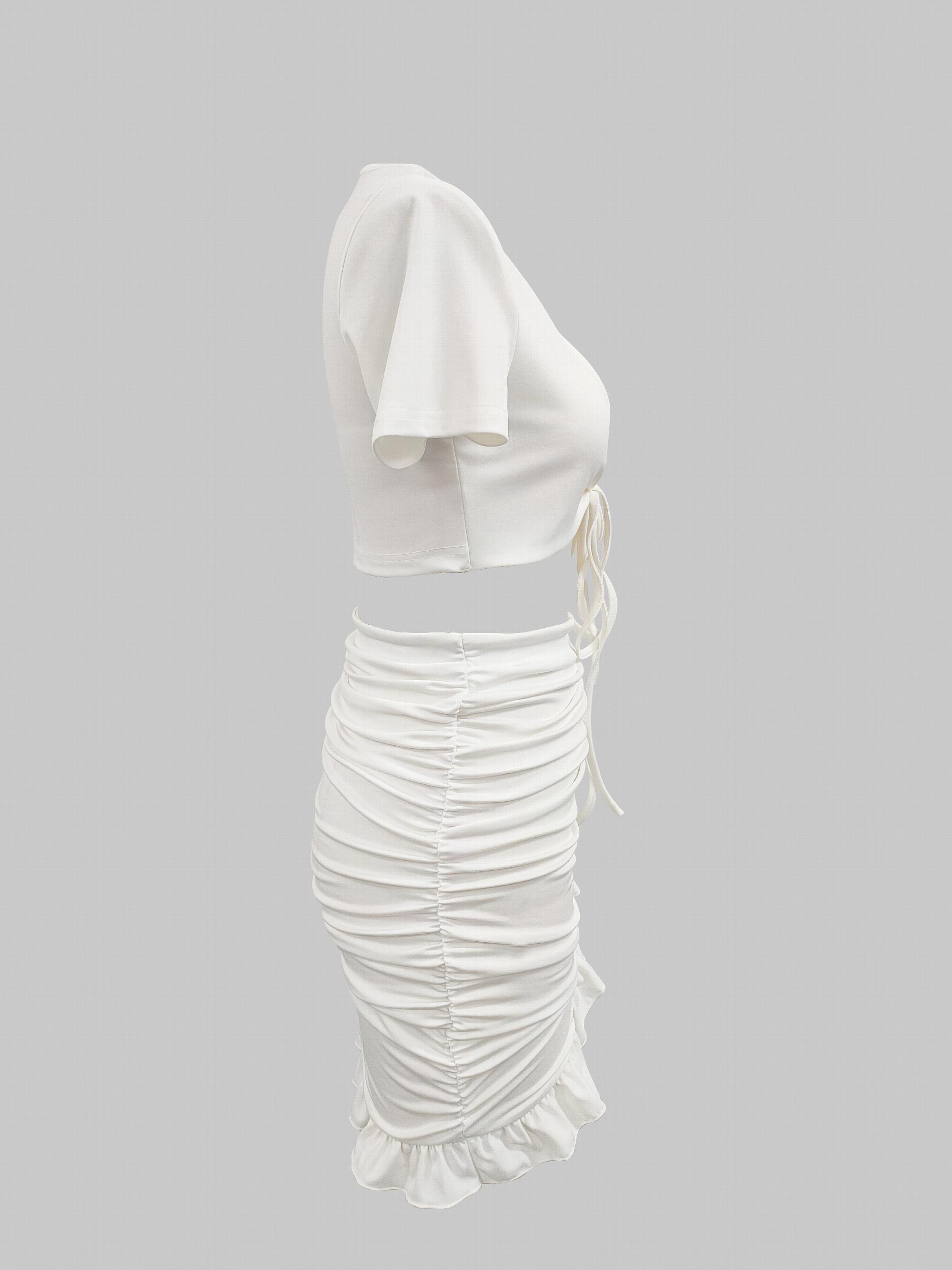 Casual Tie Front Short Sleeve Top & Ruched Bag Hip Skirt Set