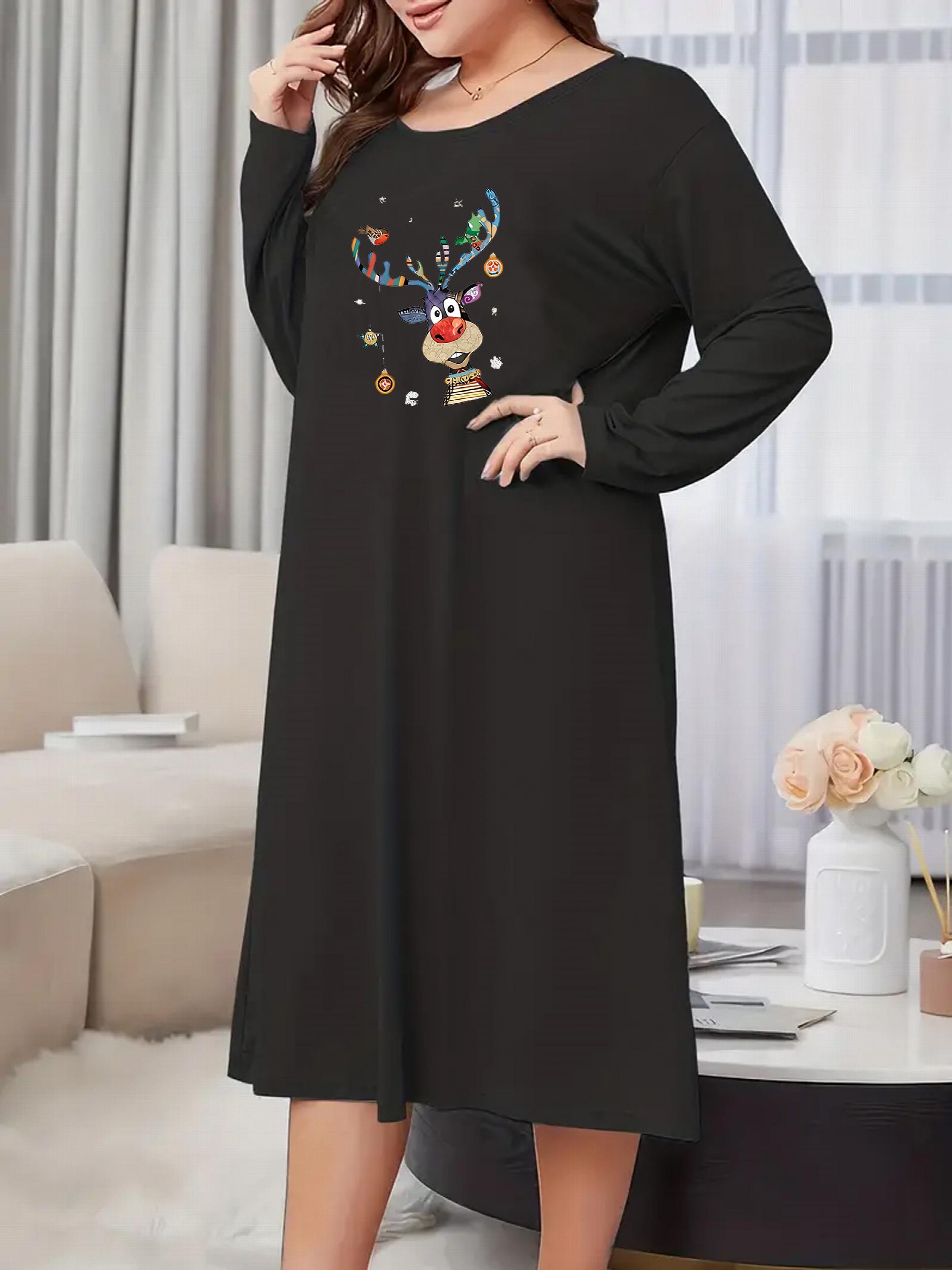 Christmas Nightdress Women's Plus Elk & Bell Print Long Sleeve