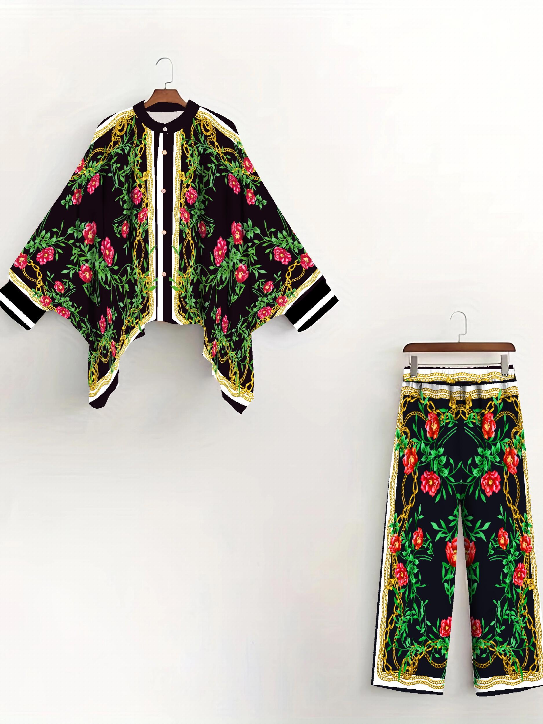 Block Vintage Two piece Set Button Front Batwing Sleeve Tops & Wide Leg Pants