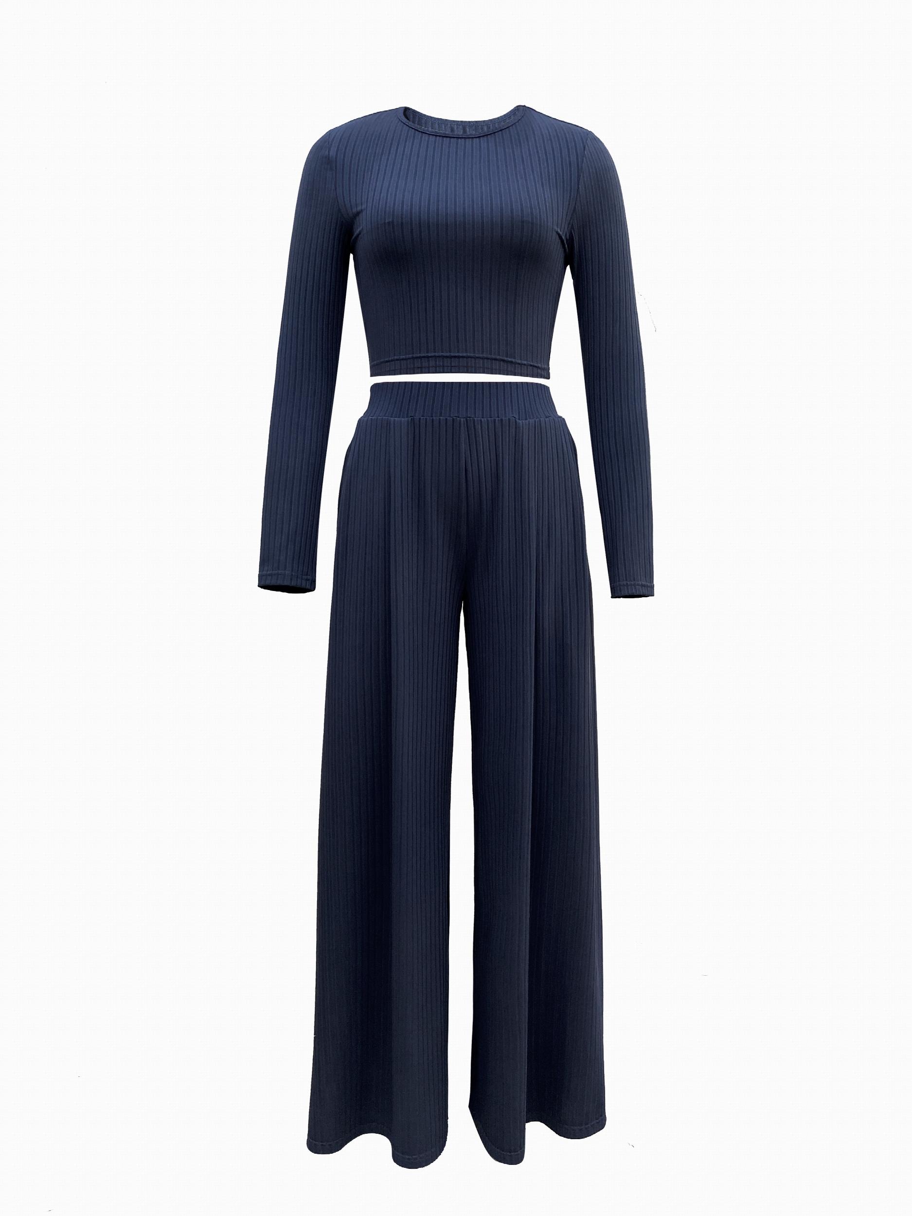 Solid Casual Two piece Set Crew Neck Long Sleeve Tops & Draped Wide Leg Pants
