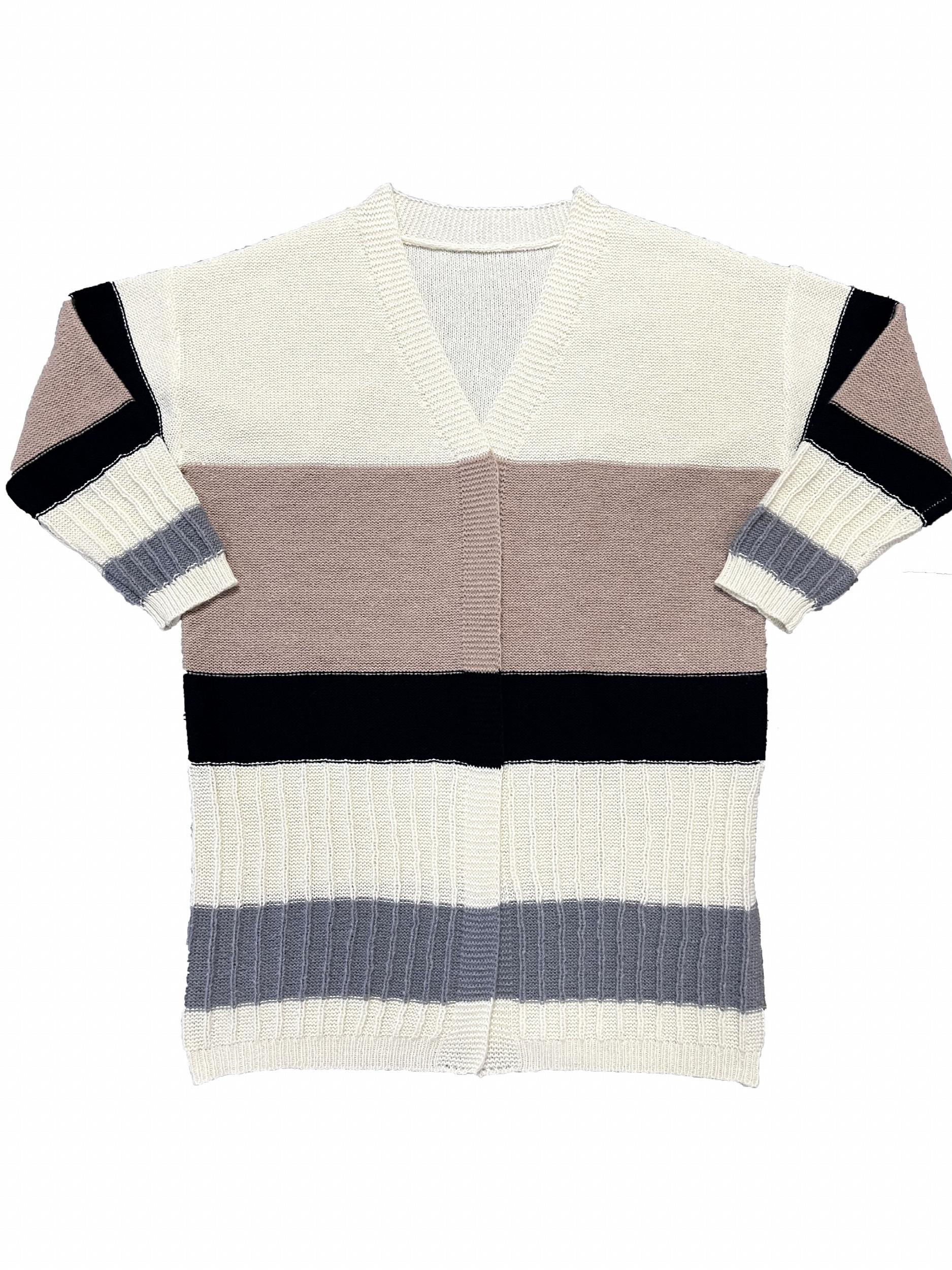 Colorblock Ribbed Knit Long Sleeve Open Front Sweater Cardigan