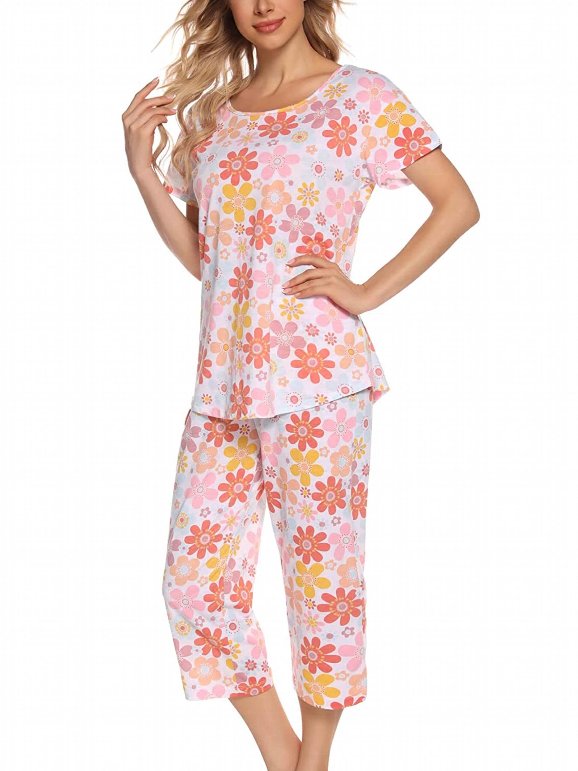 Star Print Pajama Set Short Sleeve Round Neck Top & Elastic Waistband