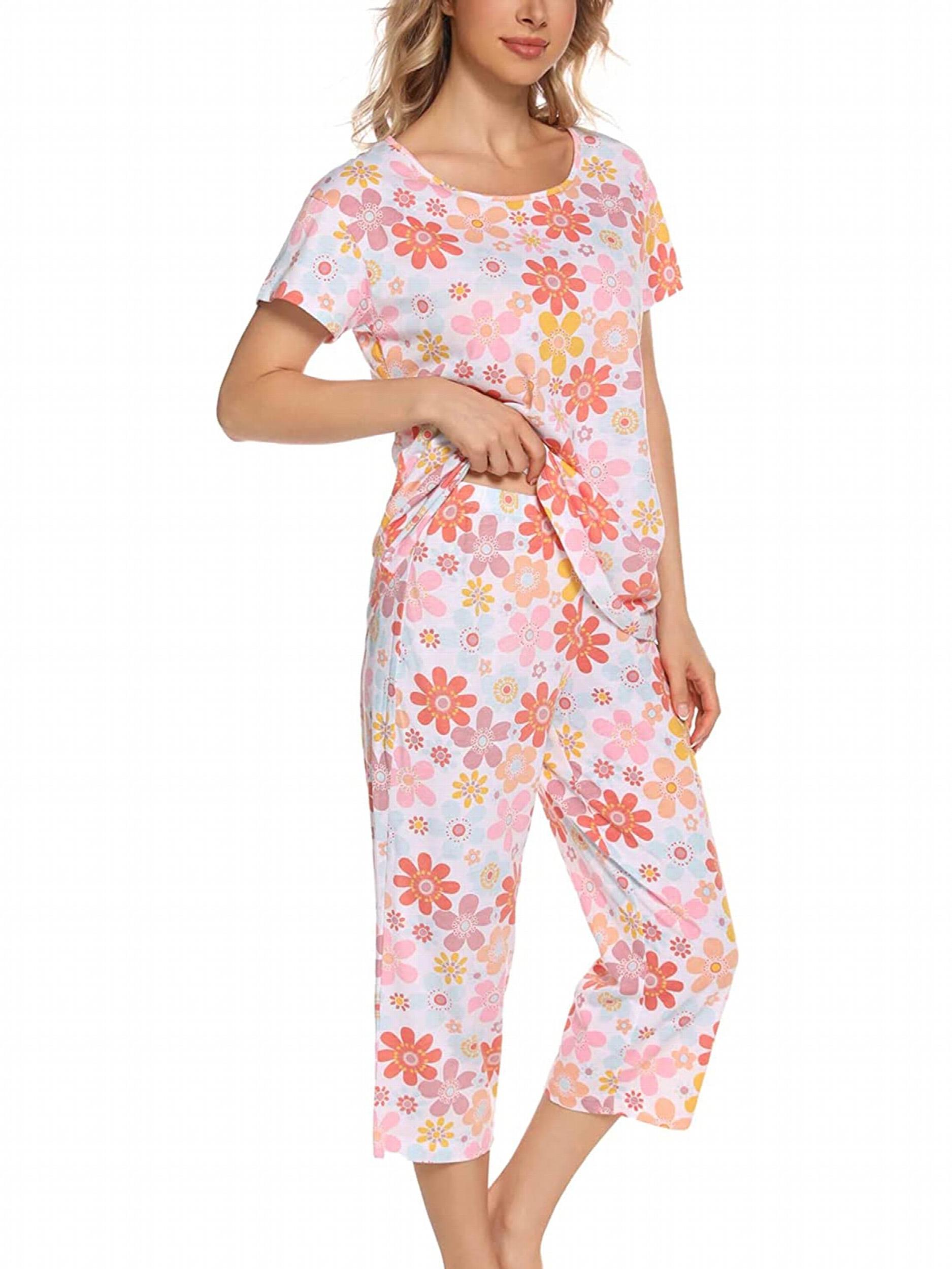 Star Print Pajama Set Short Sleeve Round Neck Top & Elastic Waistband