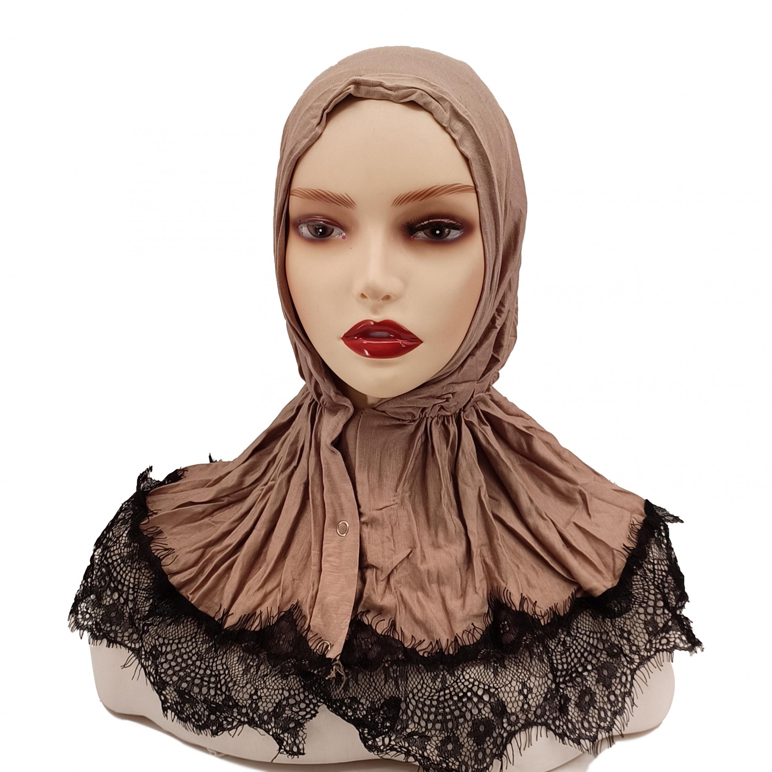 Lace Hijab Snap Button Head Scarf Women Solid Turban Elastic Ramadan