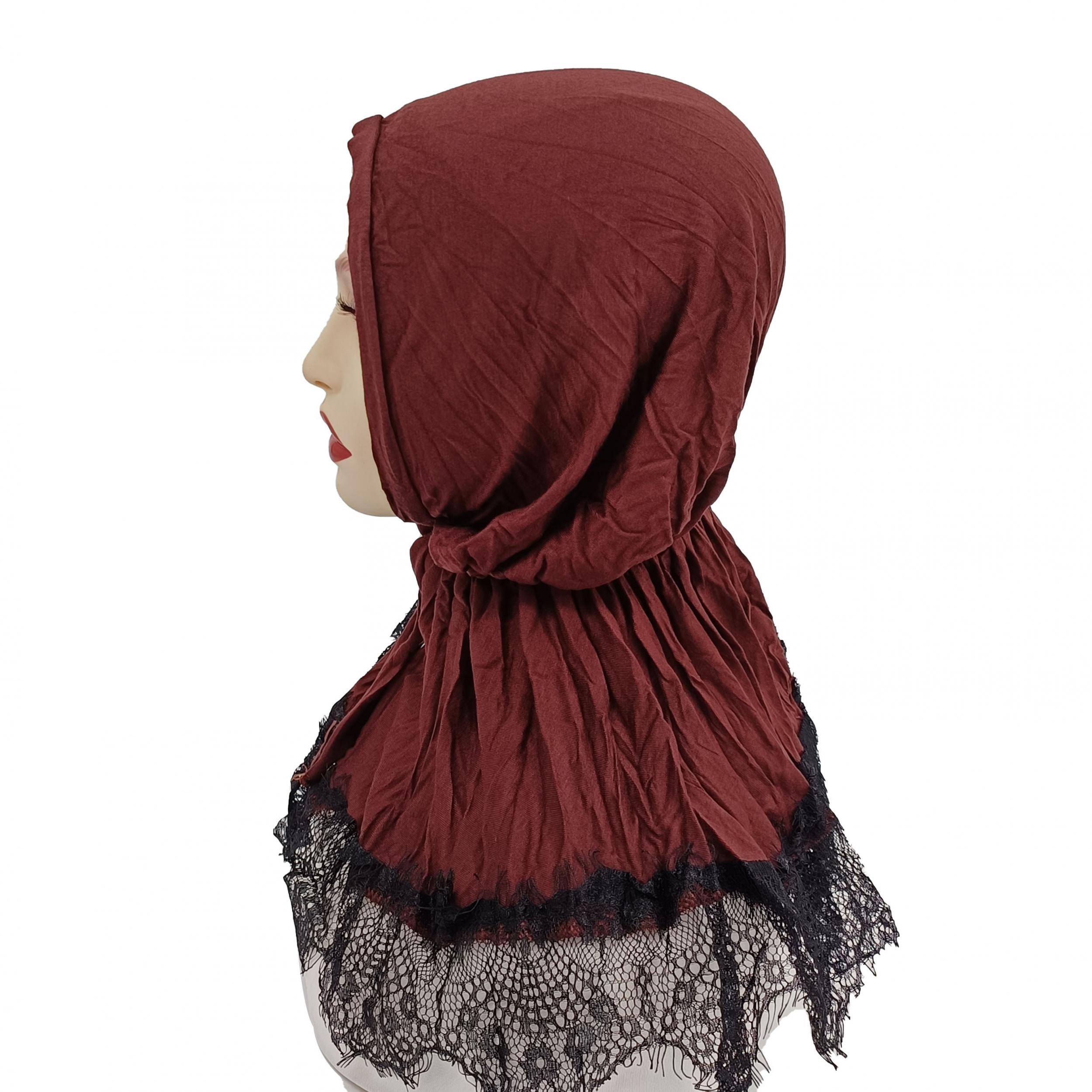 Lace Hijab Snap Button Head Scarf Women Solid Turban Elastic Ramadan
