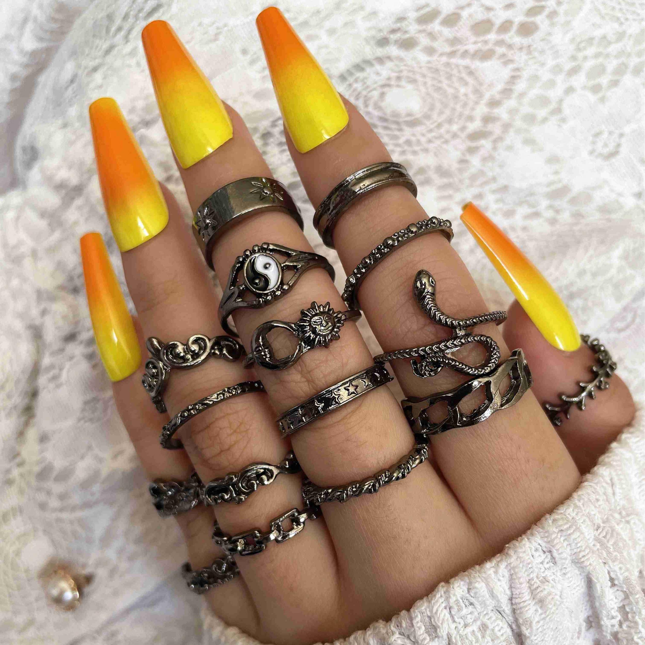 16pc Vintage Stackable Sun Moon Snake Leaf Ring Set