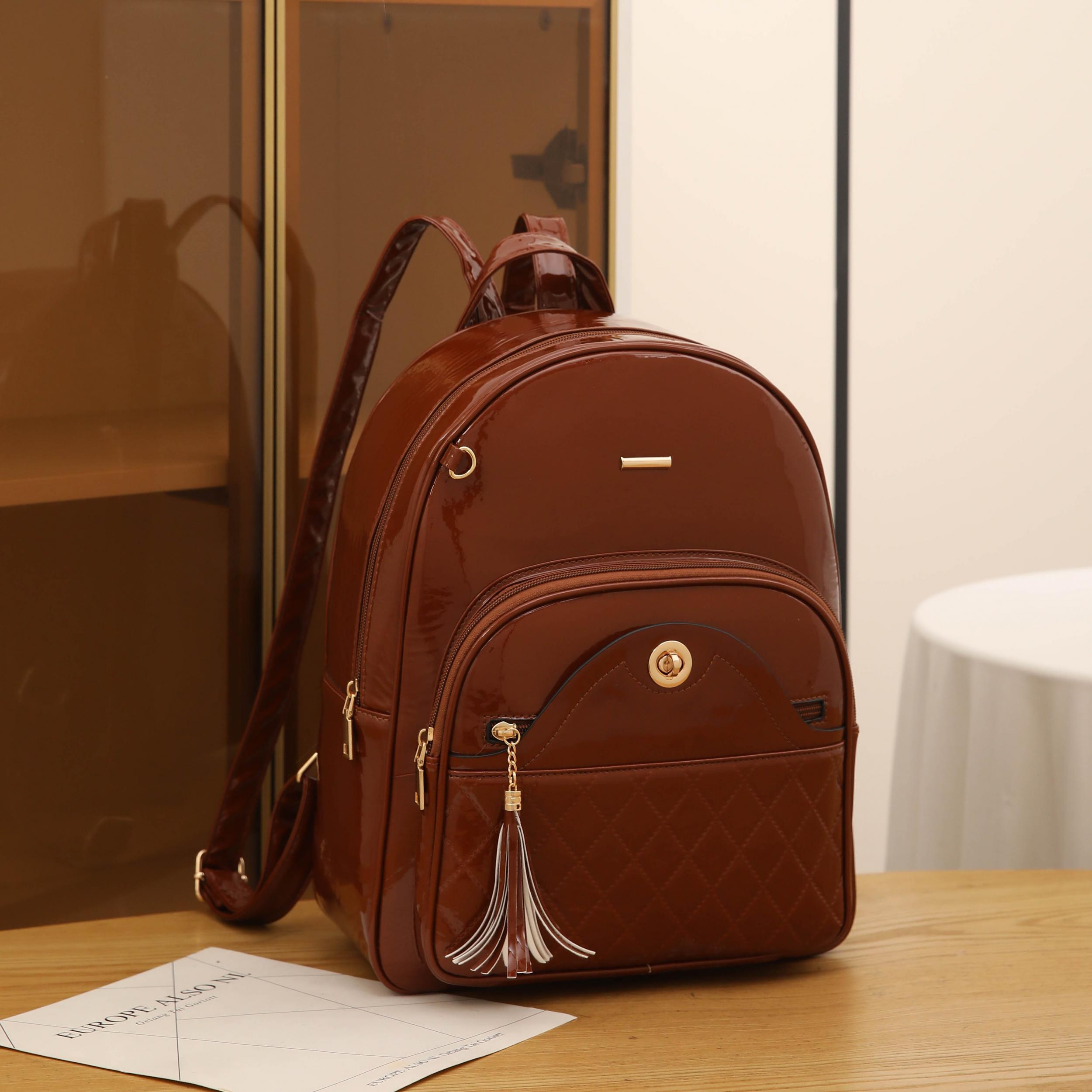 Plaid Tassel Large Capacity Backpack PU Leather School Travel Bag