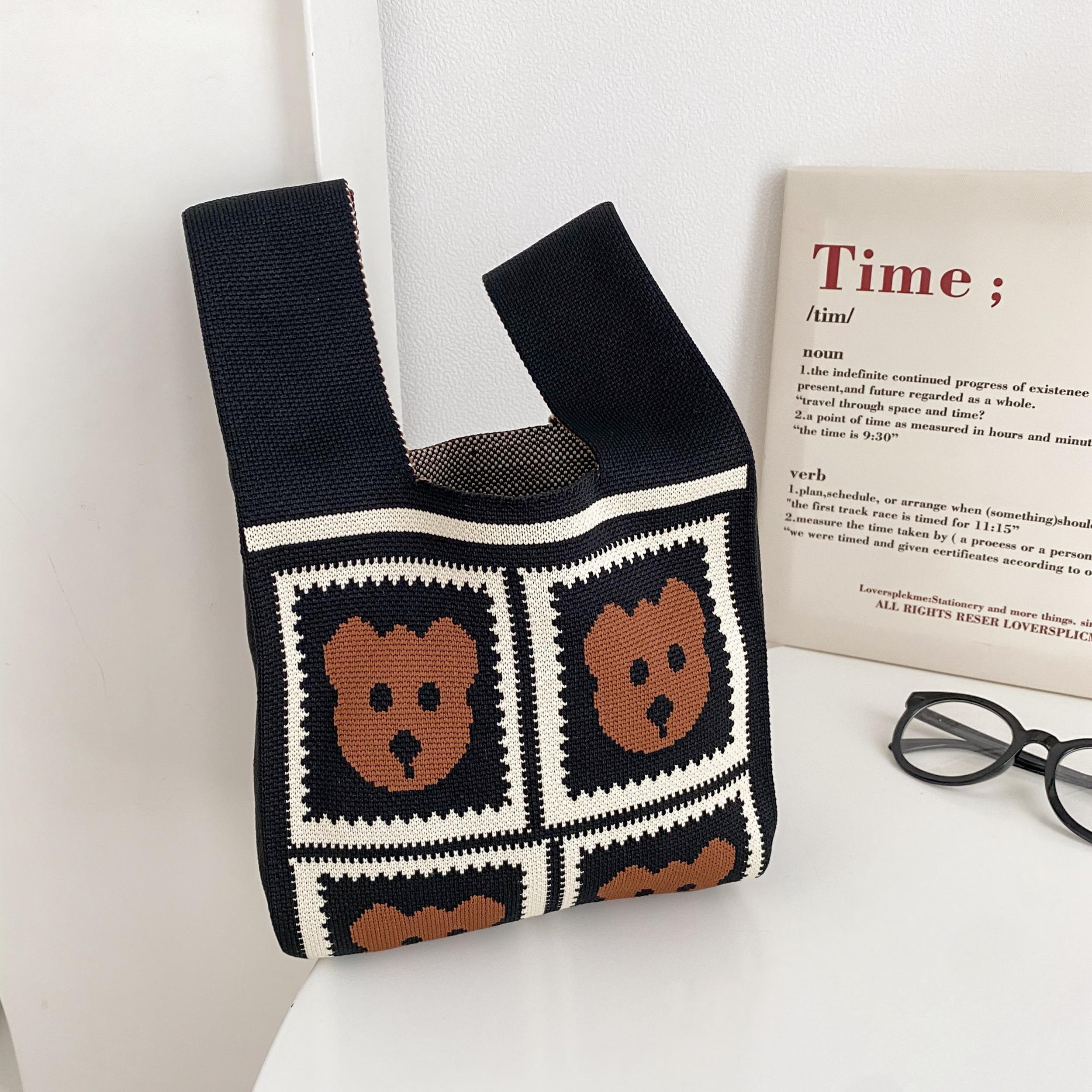 Heart Pattern Crochet Bag Colorblock Handbag for Women