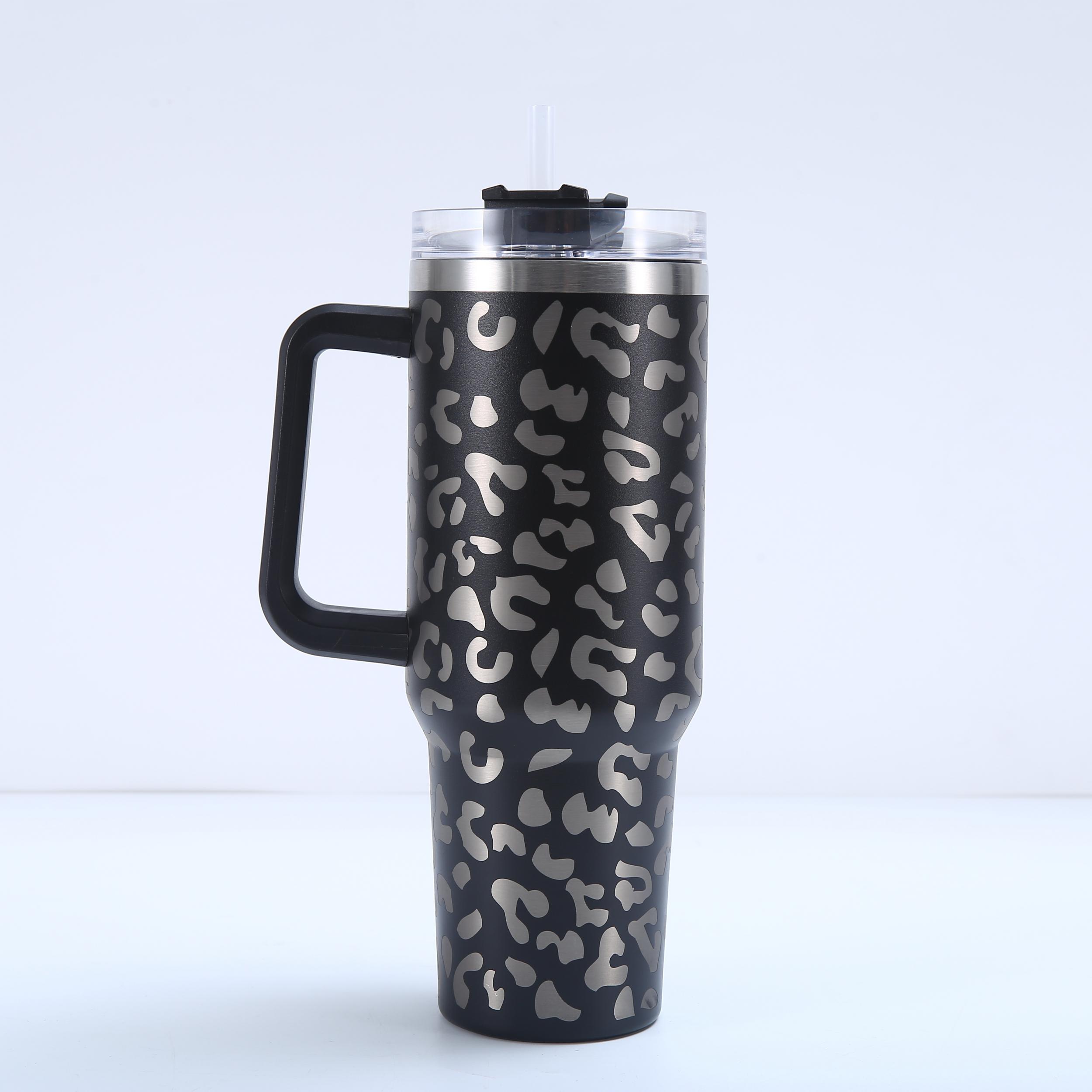 40oz Leopard Print Car Cup Handle Straw Cup Vacuum Tumbler