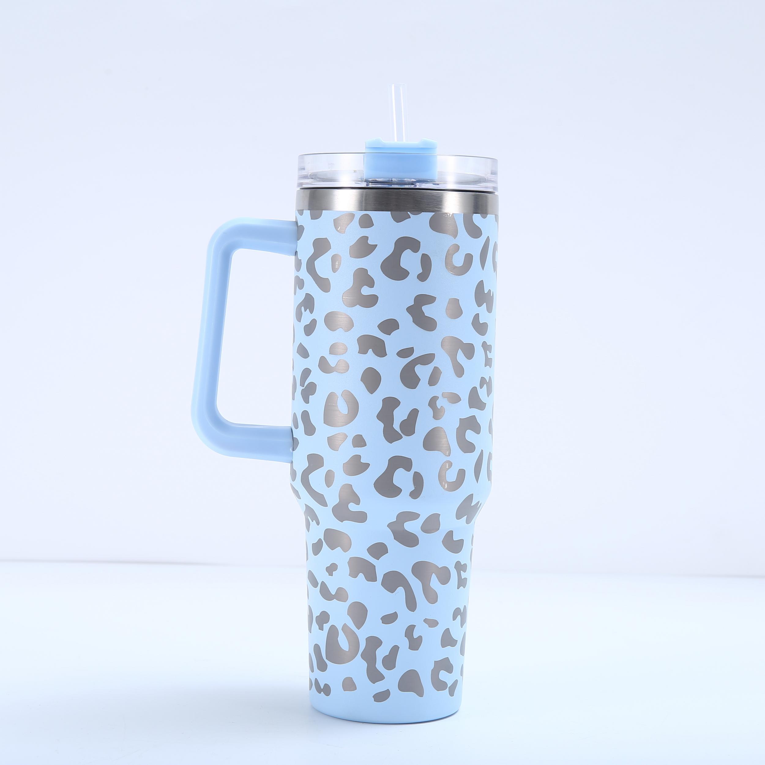 40oz Leopard Print Car Cup Handle Straw Cup Vacuum Tumbler