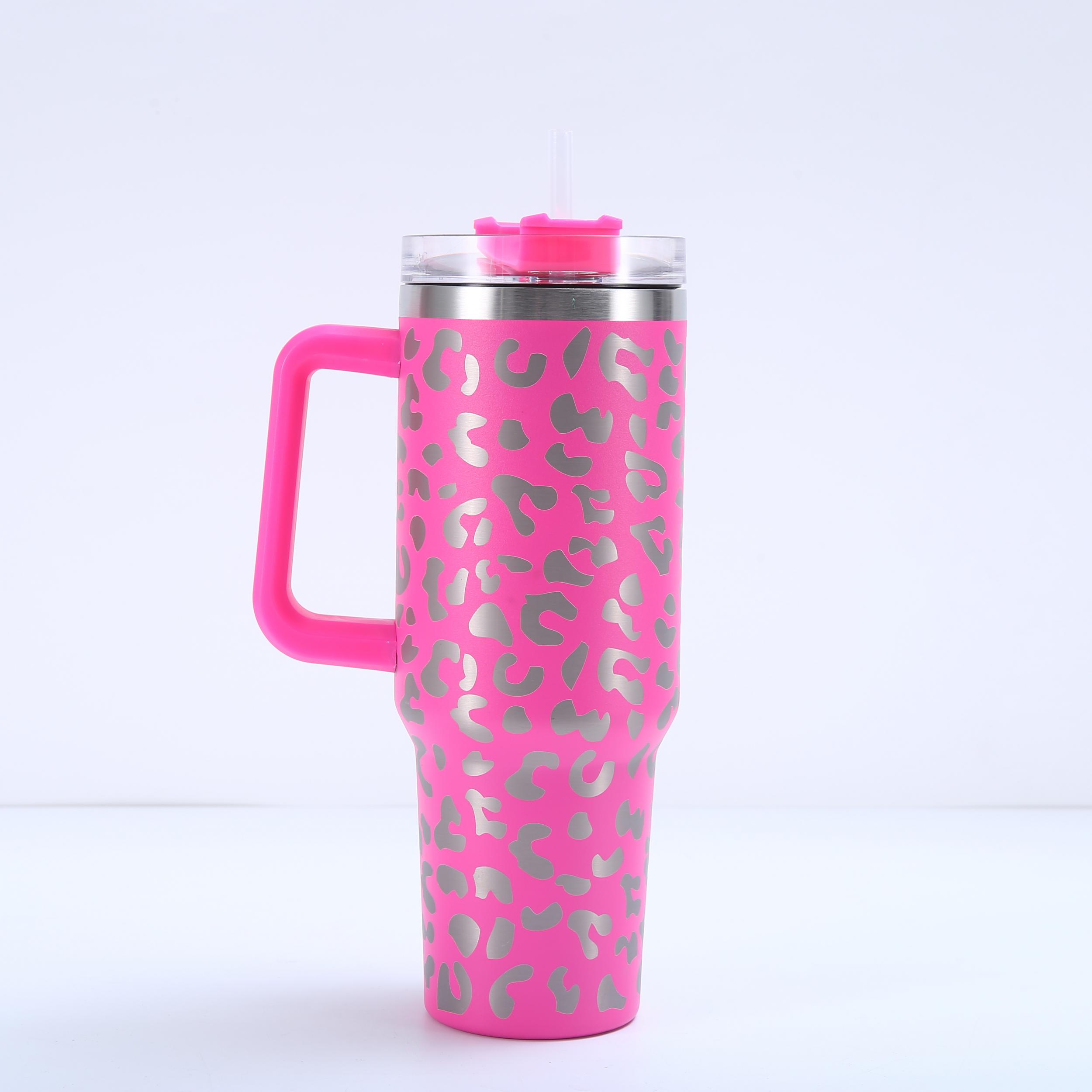 40oz Leopard Print Car Cup Handle Straw Cup Vacuum Tumbler