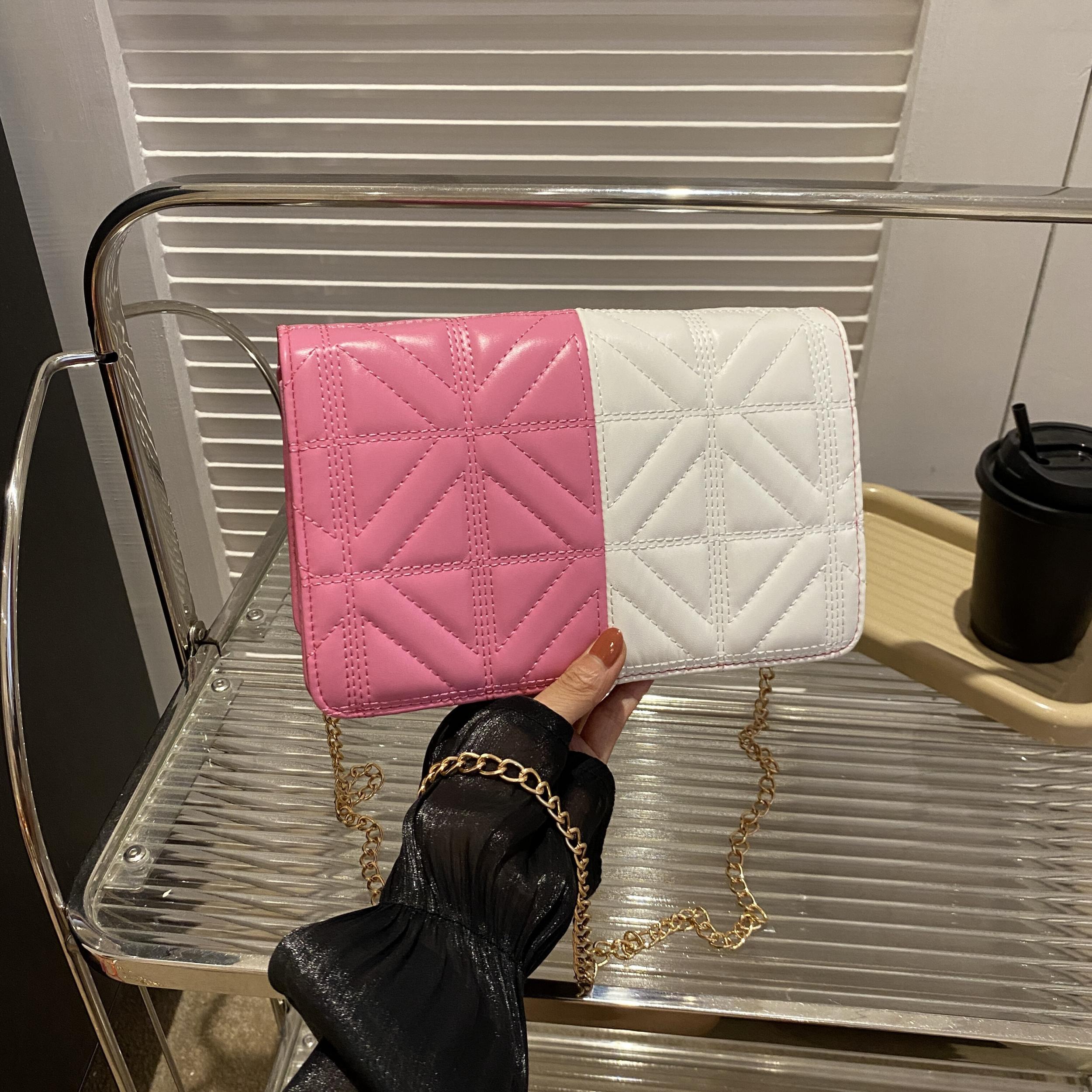 Colorblock Quilted Square Bag Stylish Flap Shoulder Chain Bag