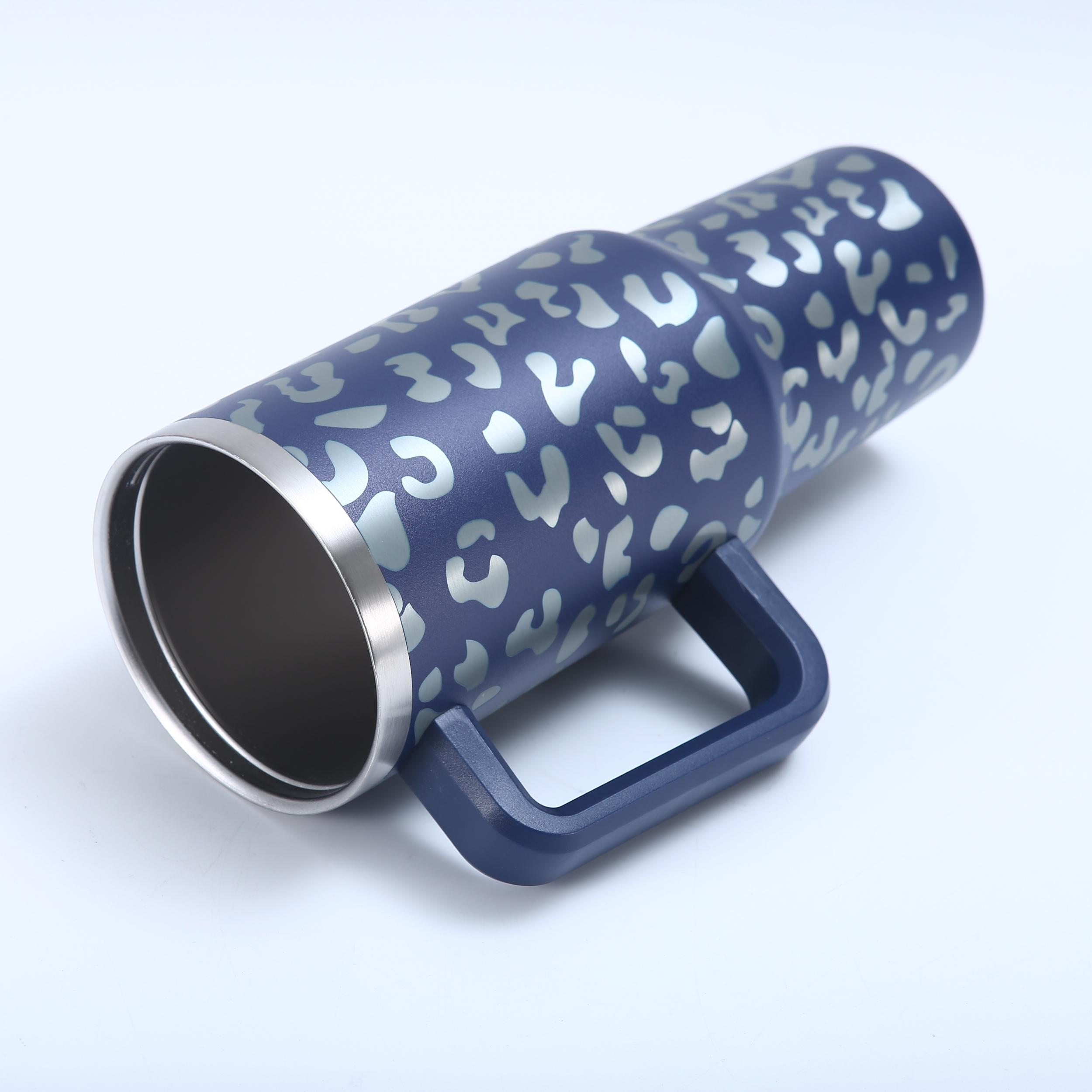 40oz Leopard Print Car Cup Handle Straw Cup Vacuum Tumbler