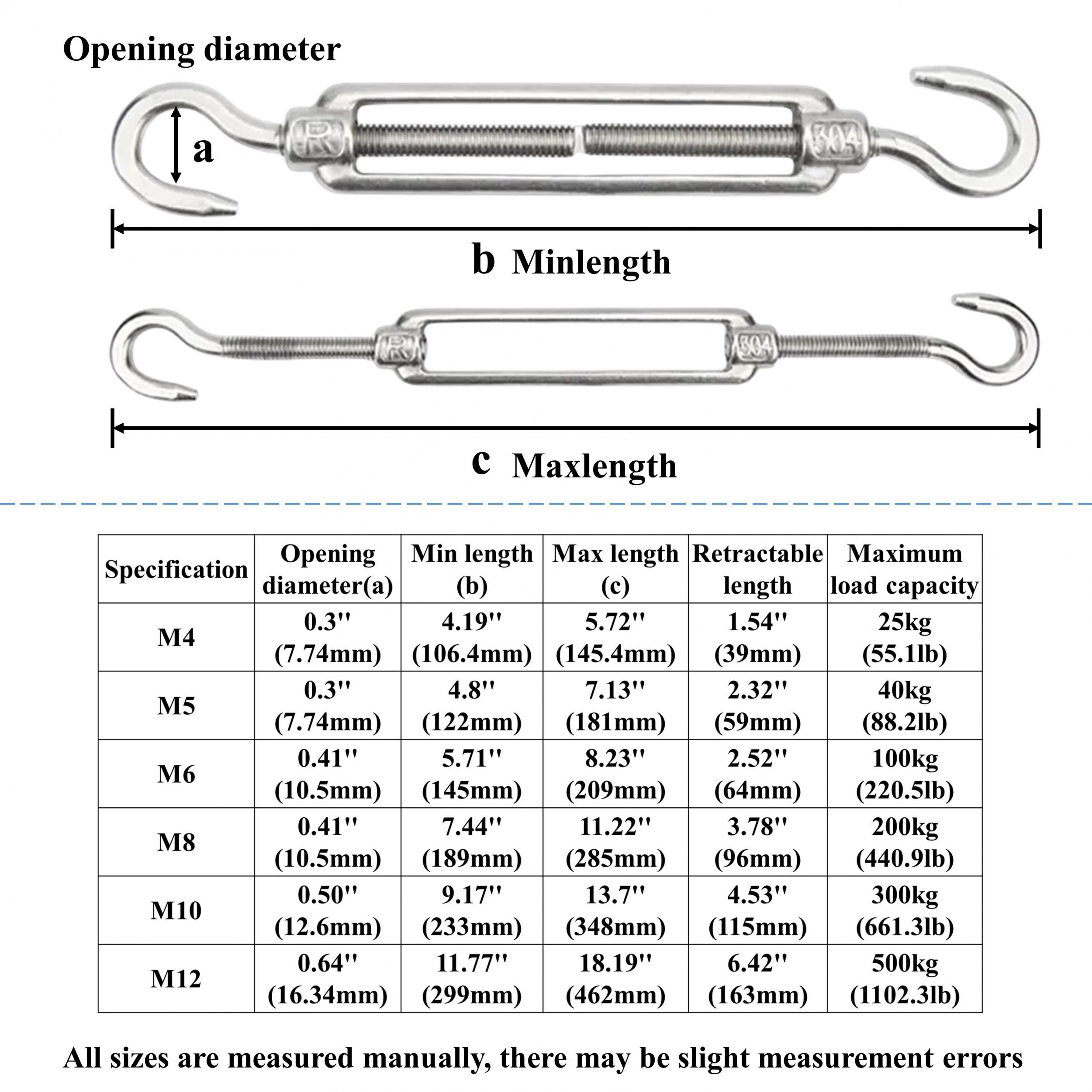 4pcs M4-M12 Hook And Hook Turnbuckle 304 Stainless Steel Wire Rope Tension