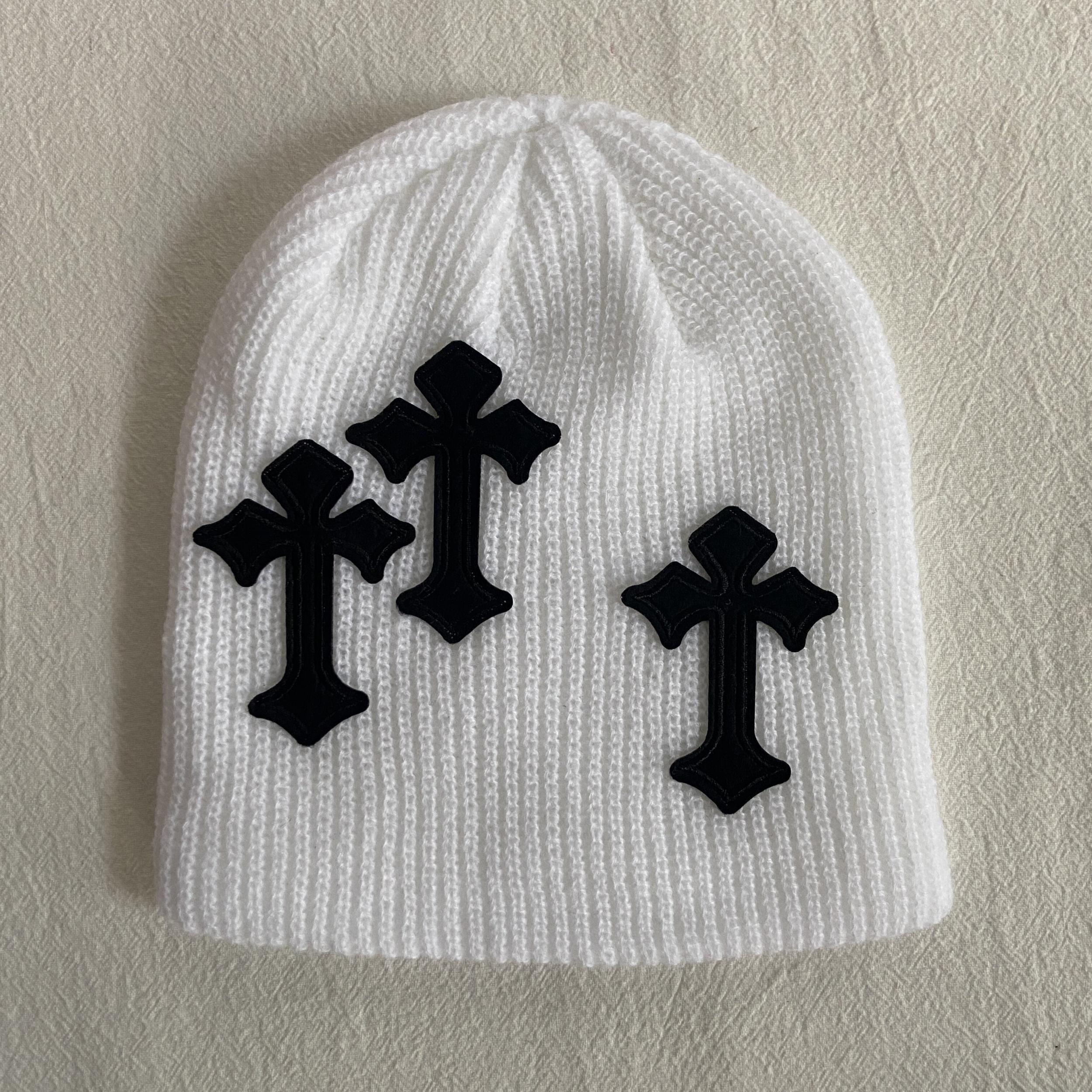 Gothic Cross Patch Knitted Beanie Solid Skull Hat Hip Hop Warm Knit Hat
