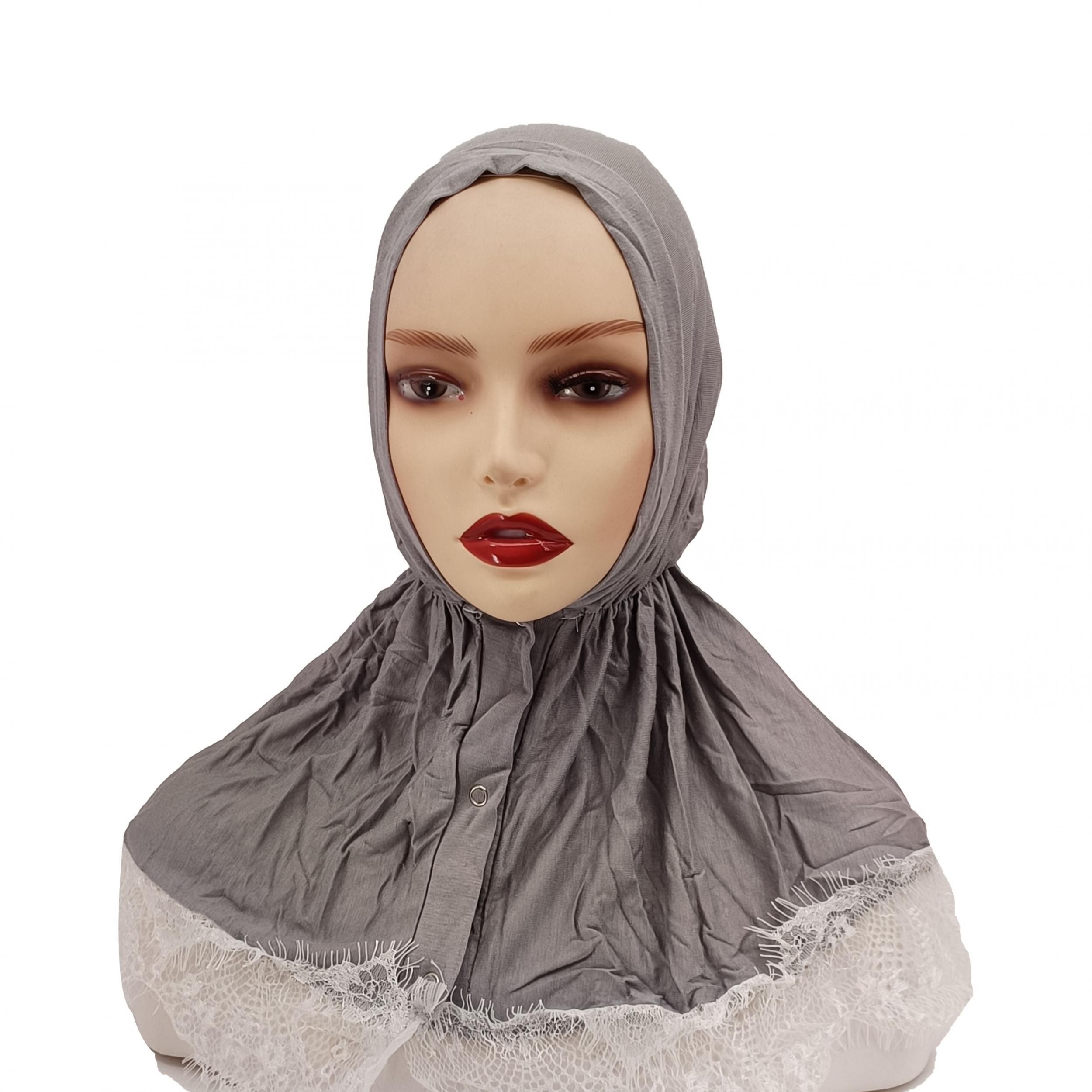 Lace Hijab Snap Button Head Scarf Women Solid Turban Elastic Ramadan