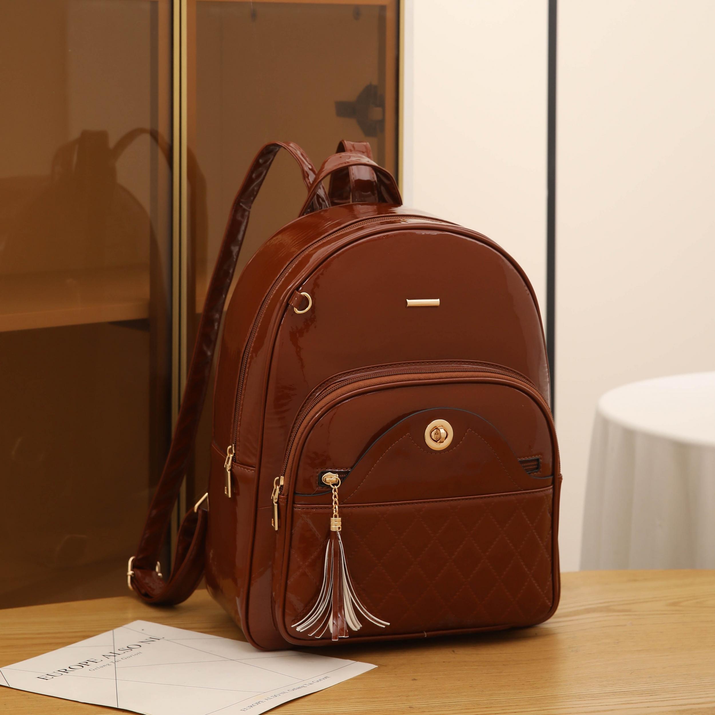 Plaid Tassel Large Capacity Backpack PU Leather School Travel Bag