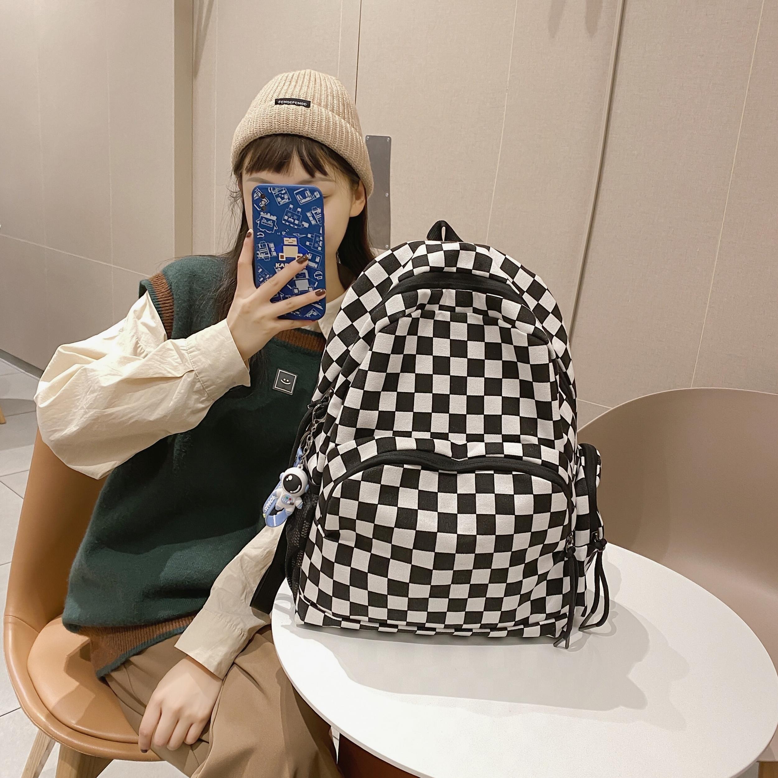 Checkered Student Backpack Preppy Style Bookbag Casual Travel Schoolbag