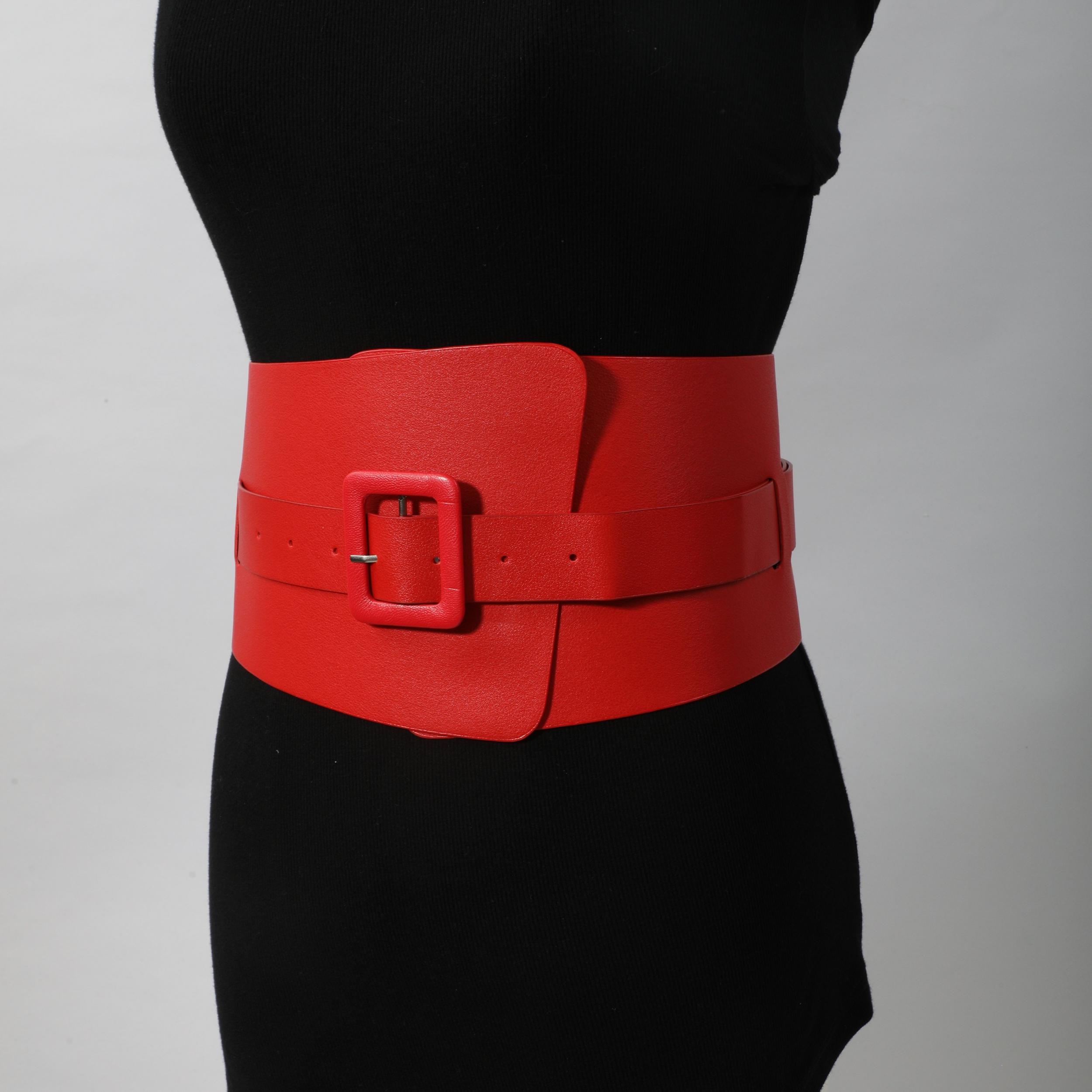 Red PU Corset Belt Adjustable Square Pin Buckle Classic Wide Waistband