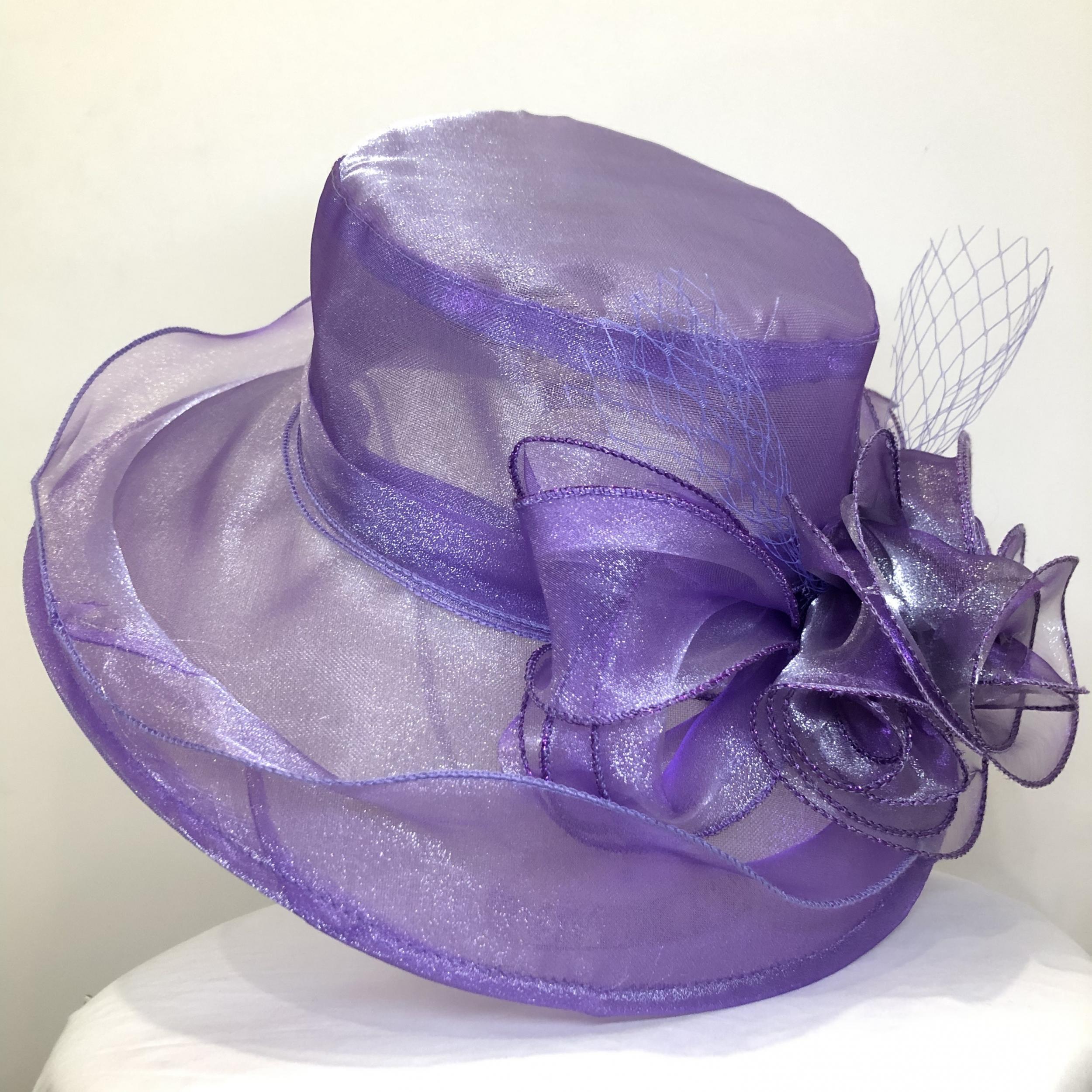 Organza Derby Hat Solid Flower Sun Hat Church Hat For Women