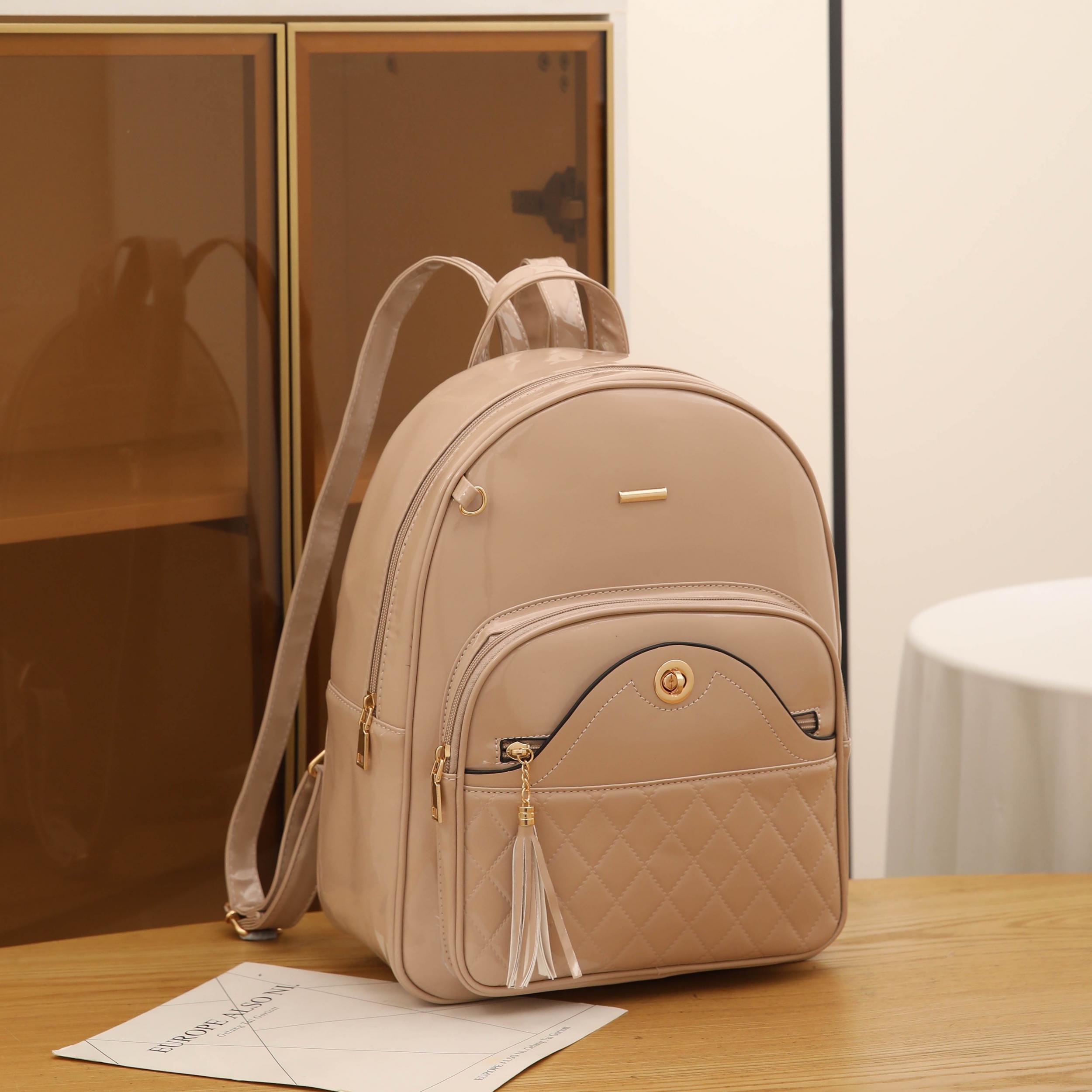 Plaid Tassel Large Capacity Backpack PU Leather School Travel Bag