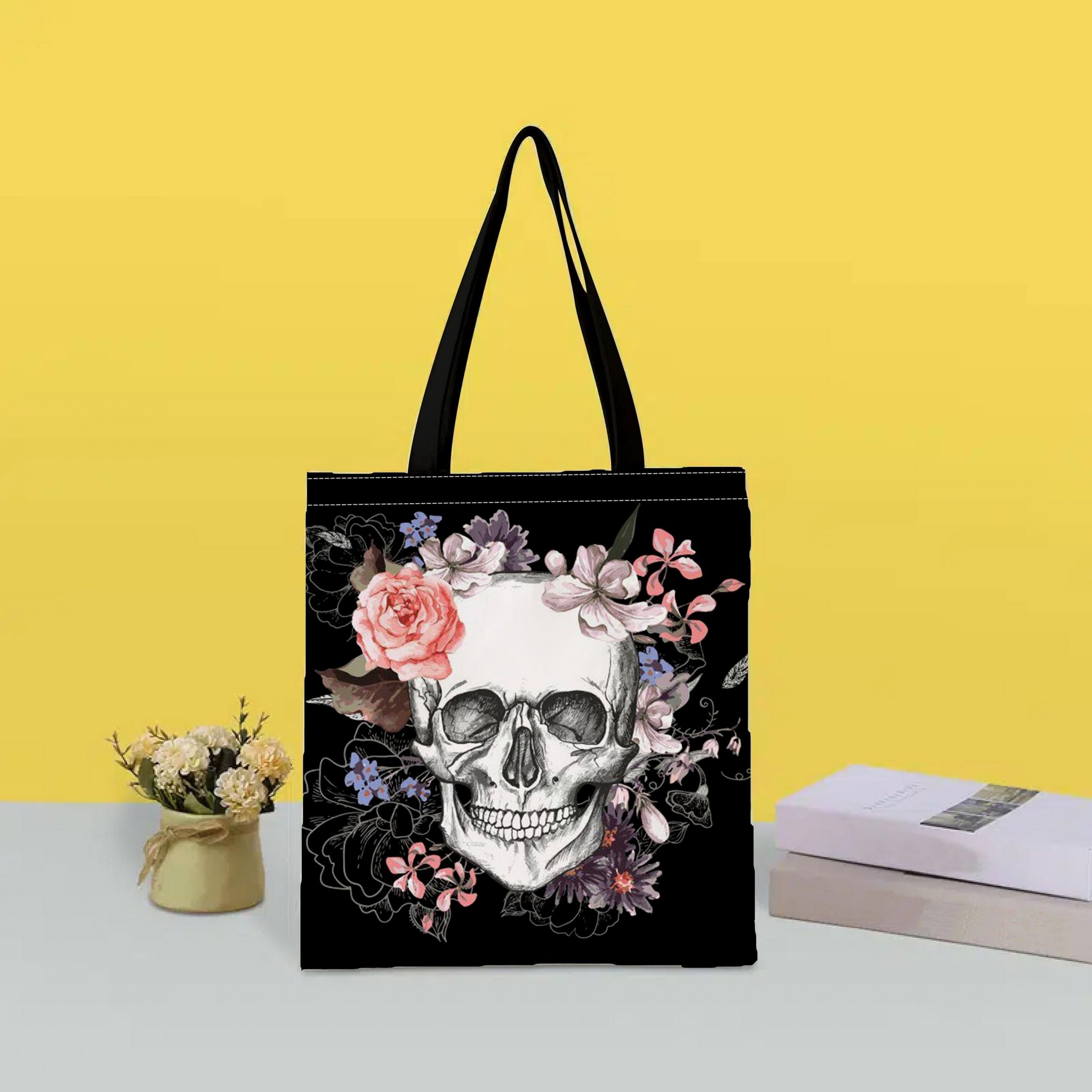 Vintage Skull & Flowers Canvas Bag Lightweight Shoulder Handbag