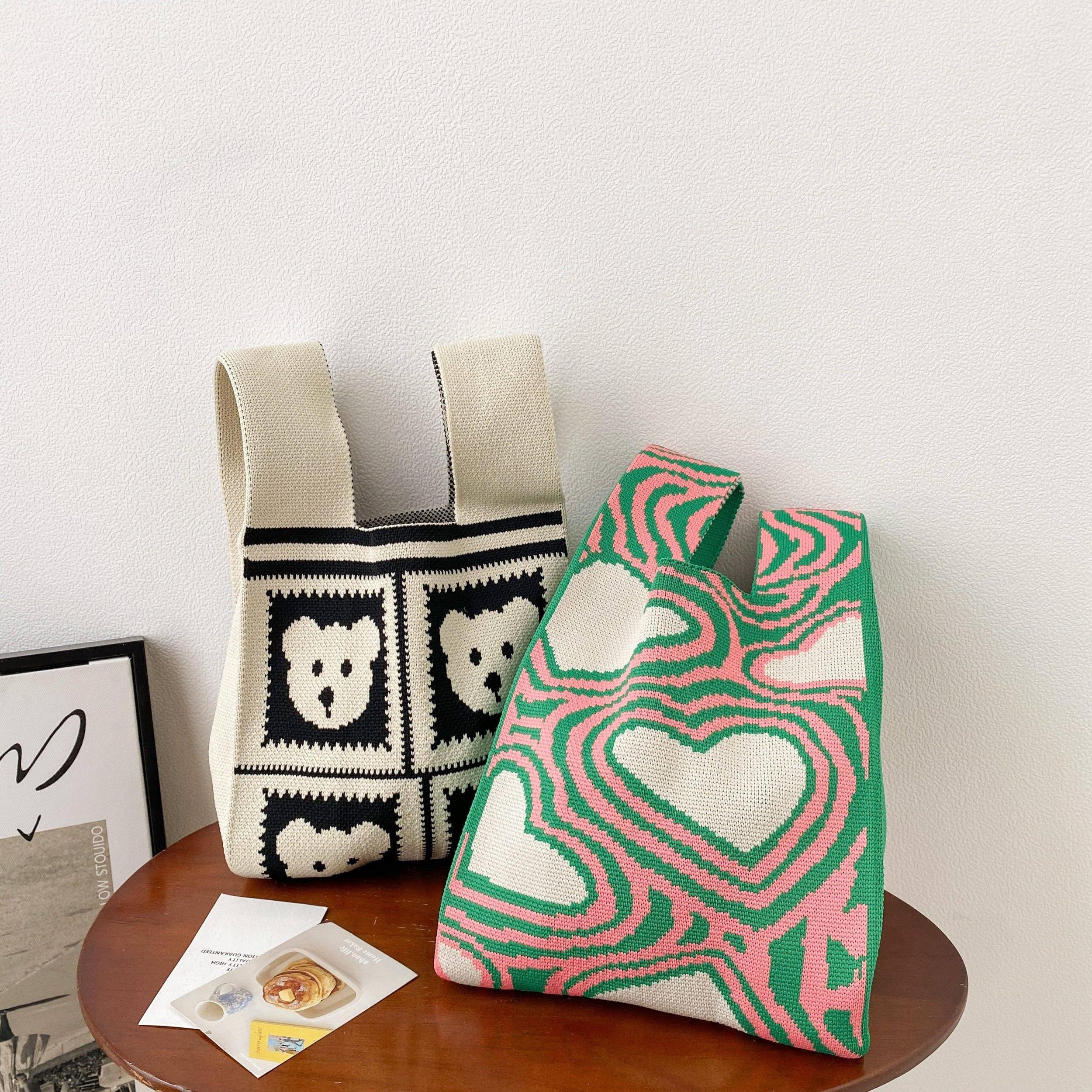Heart Pattern Crochet Bag Colorblock Handbag for Women