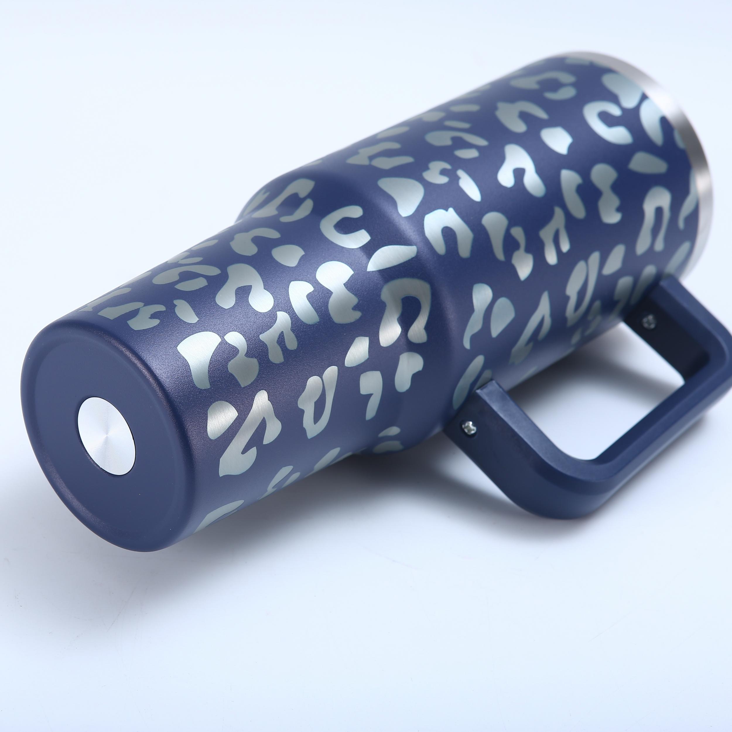 40oz Leopard Print Car Cup Handle Straw Cup Vacuum Tumbler