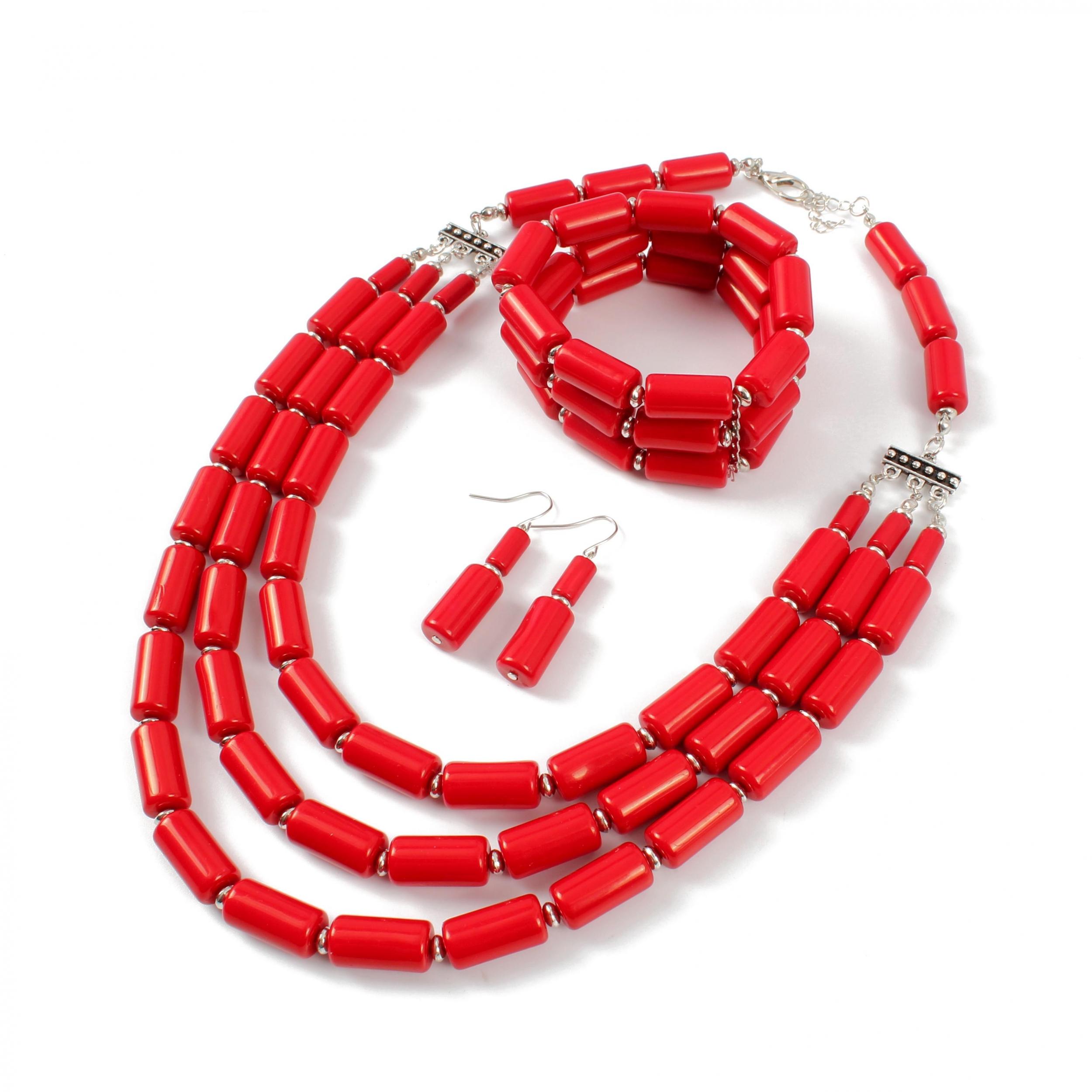 Boho Red Beaded Multilayer Necklace, Earrings & Bangle Set