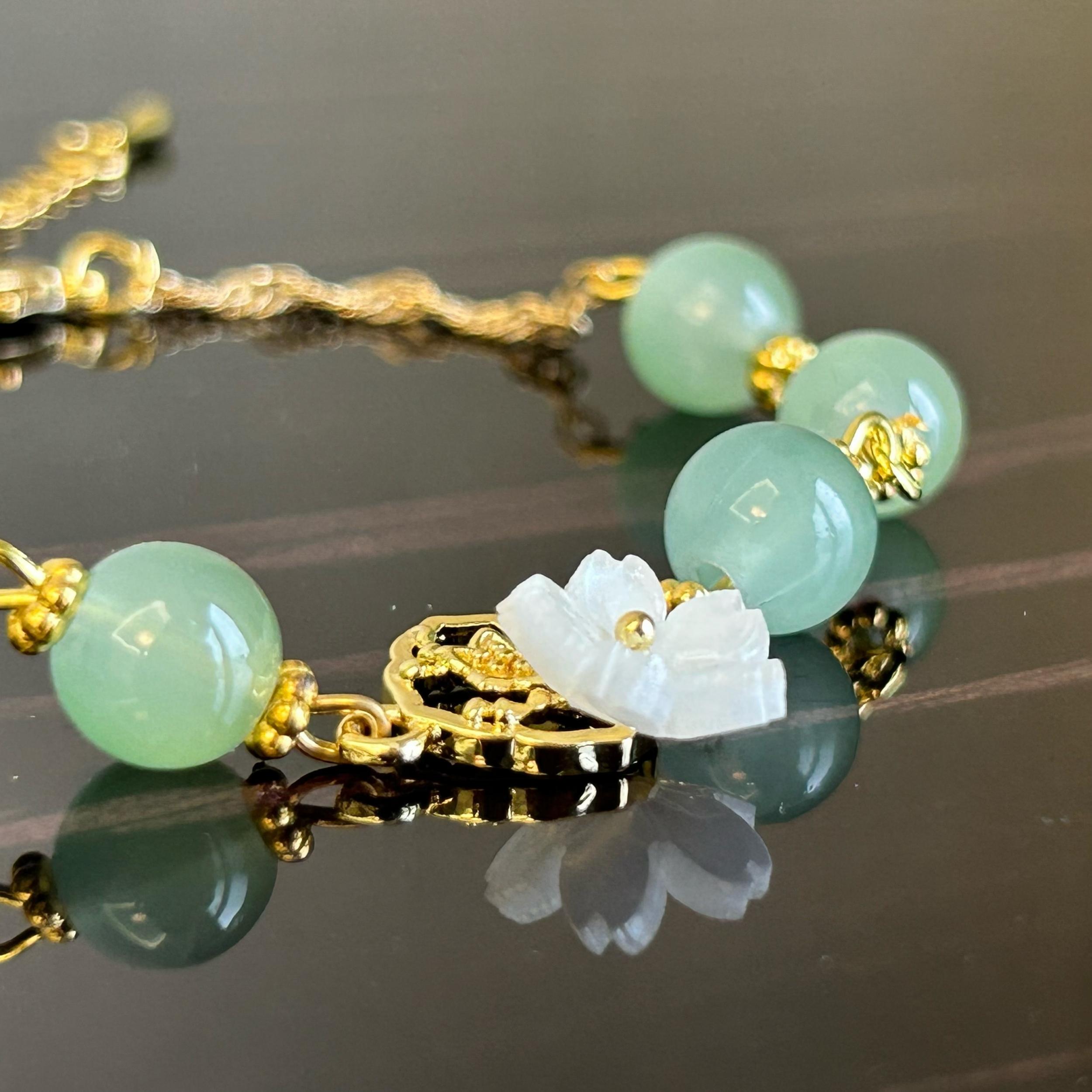 Peach Blossom Green Bead Bracelet - Chinese Style