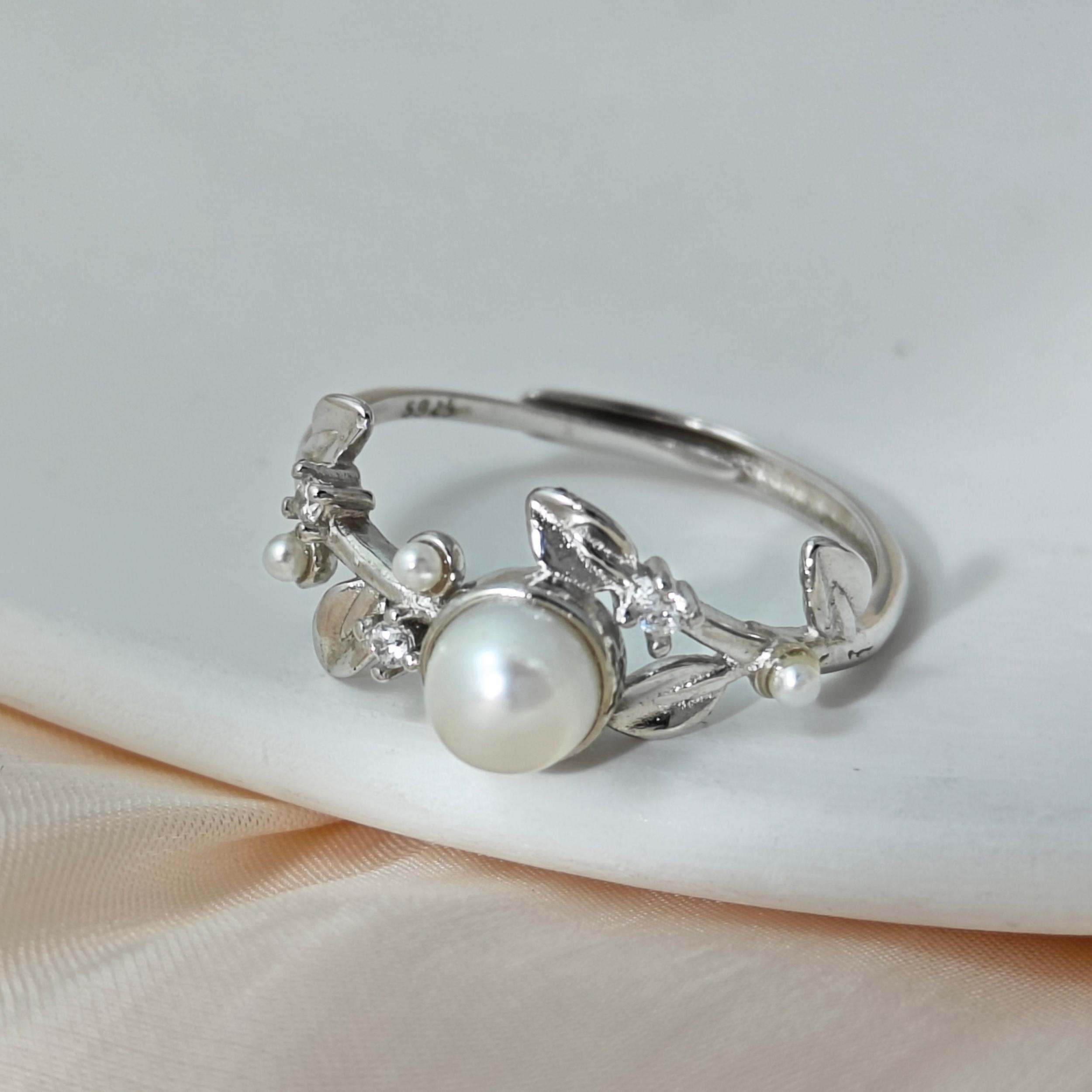 S925 Silver Ring Set with Freshwater Pearl and Adjustable Ring