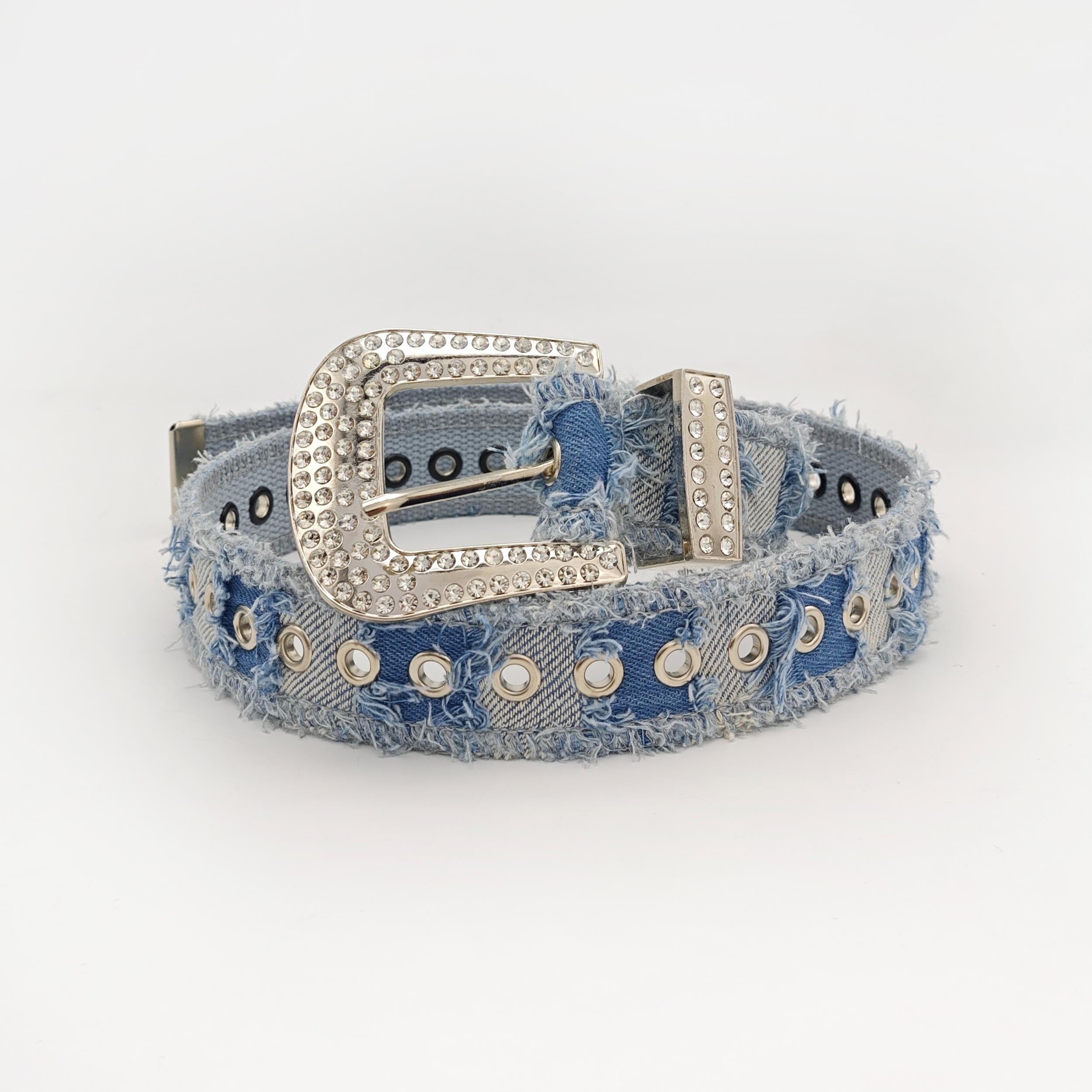 Patchwork Plush Belt Sequin Denim Women's Belt Personality Rhinestone Buckle