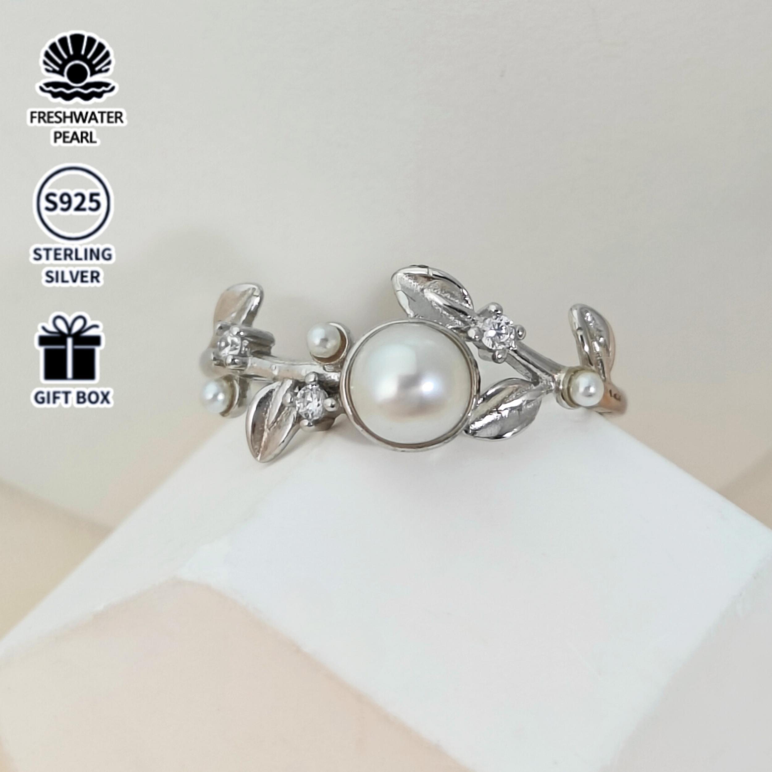 S925 Silver Ring Set with Freshwater Pearl and Adjustable Ring