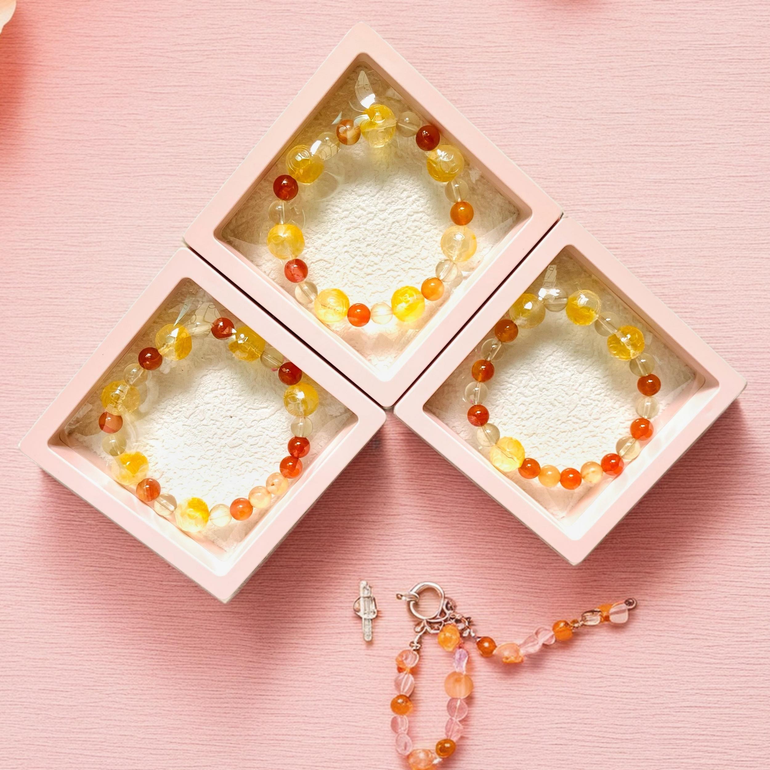 Natural Agate & Citrine Crystal Stone Bracelet Set with Yellow Glaze Ball