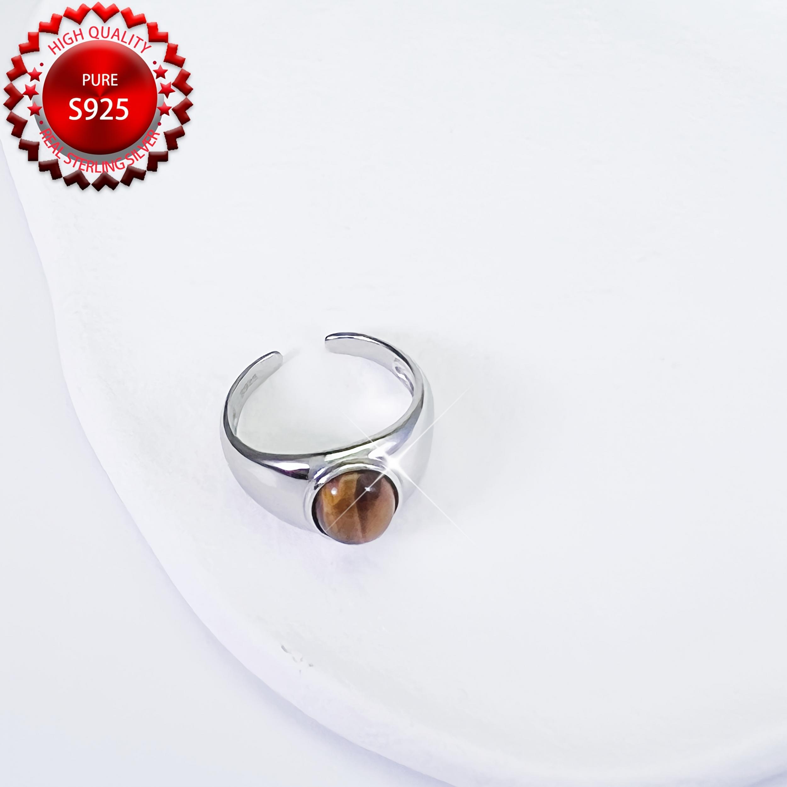 High Adjustable S925 Sterling Silver Ring with Natural Tiger's Eye Stone