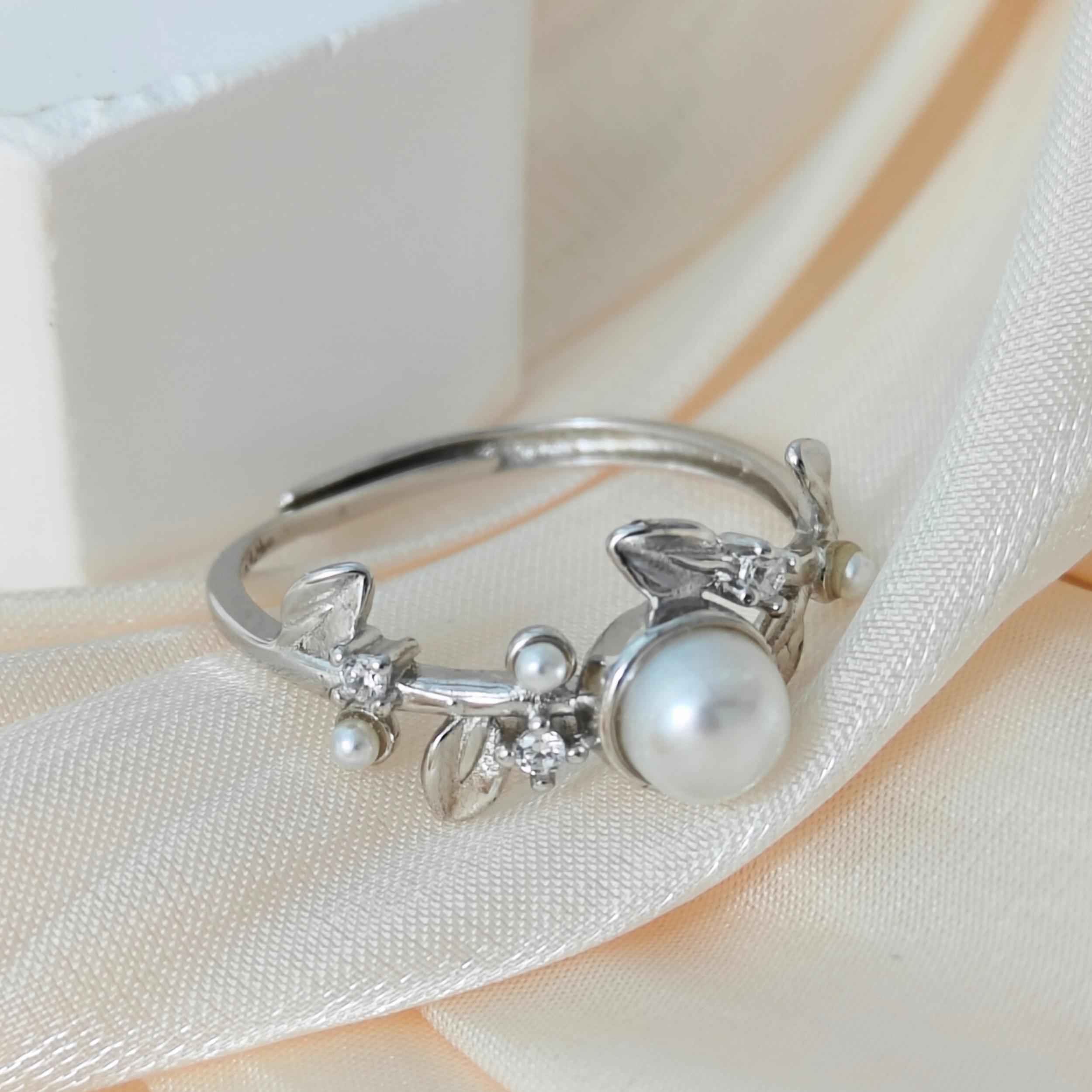 S925 Silver Ring Set with Freshwater Pearl and Adjustable Ring