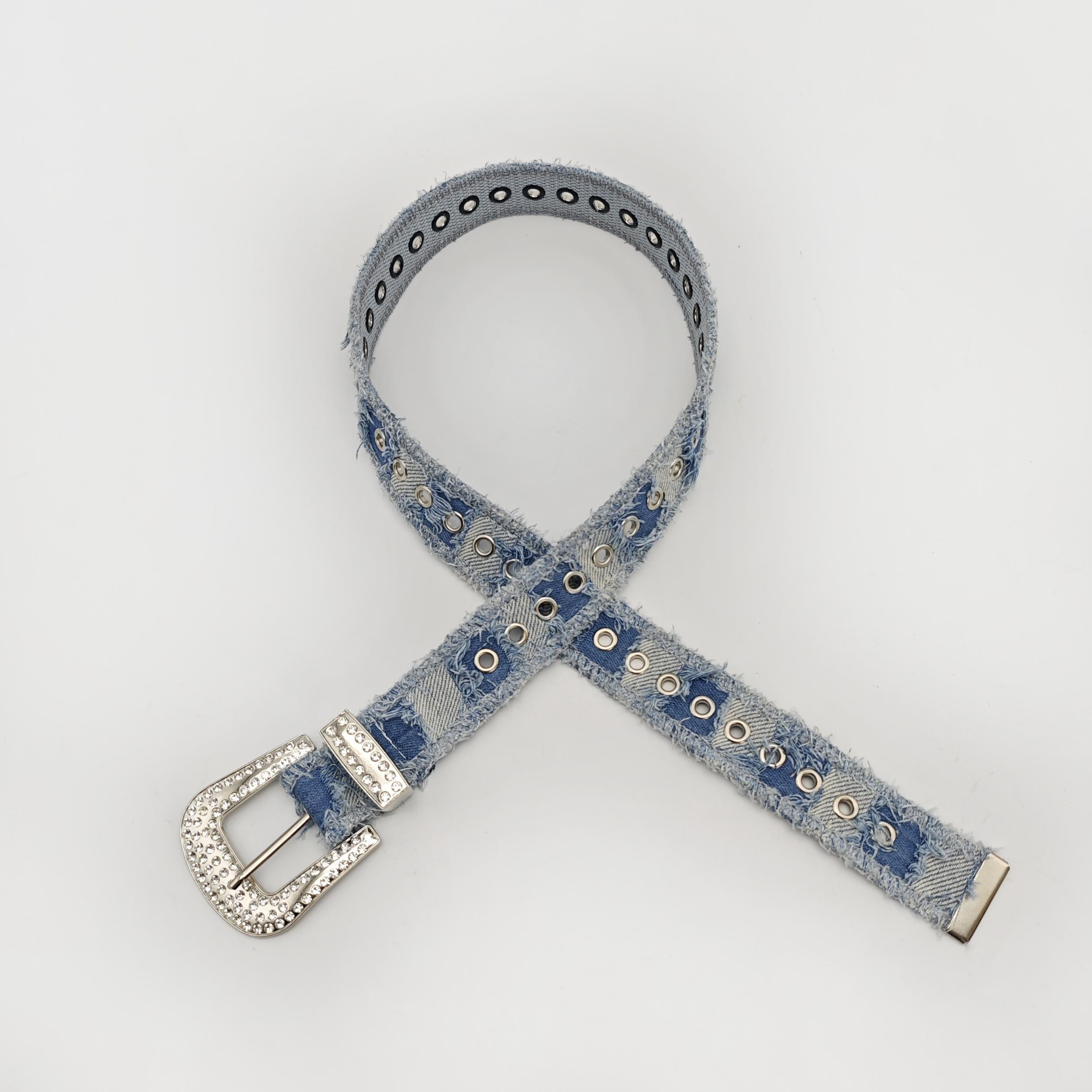 Patchwork Plush Belt Sequin Denim Women's Belt Personality Rhinestone Buckle