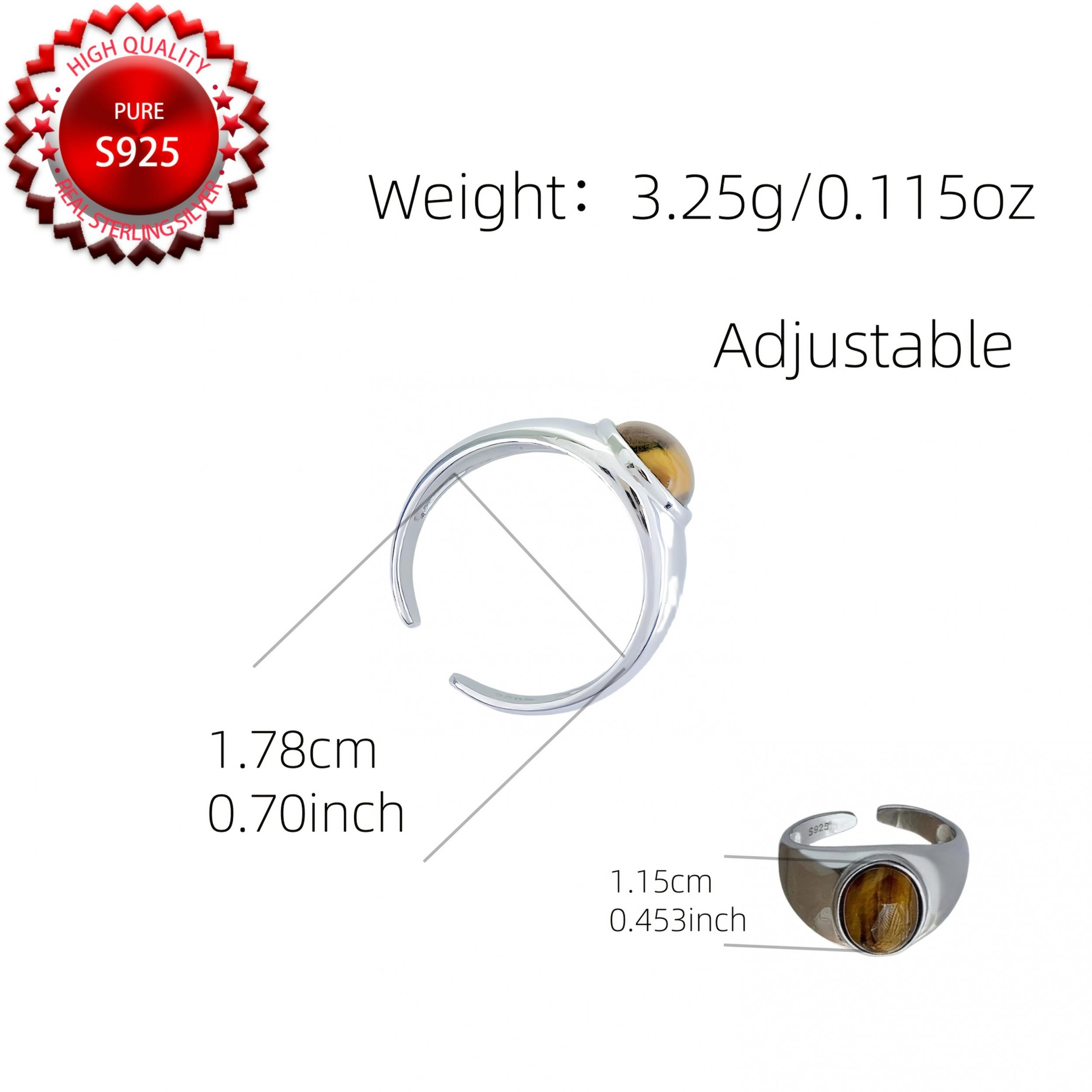 High Adjustable S925 Sterling Silver Ring with Natural Tiger's Eye Stone