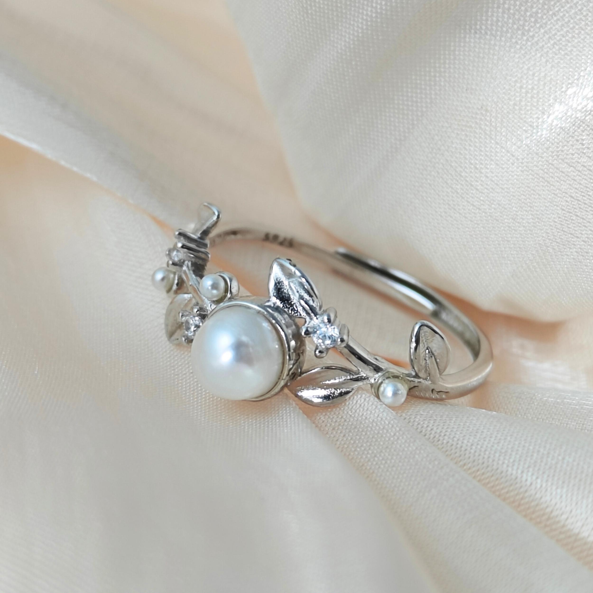 S925 Silver Ring Set with Freshwater Pearl and Adjustable Ring