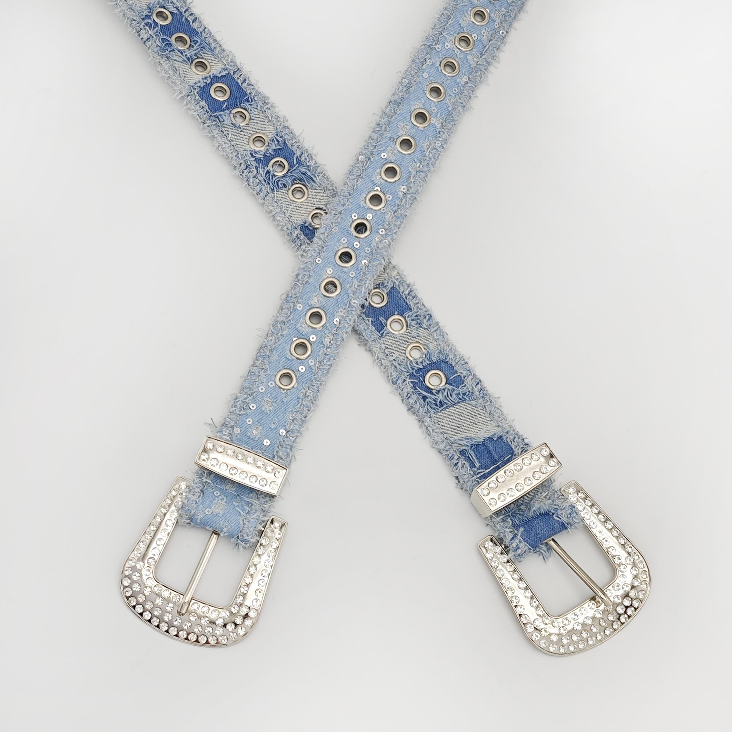Patchwork Plush Belt Sequin Denim Women's Belt Personality Rhinestone Buckle