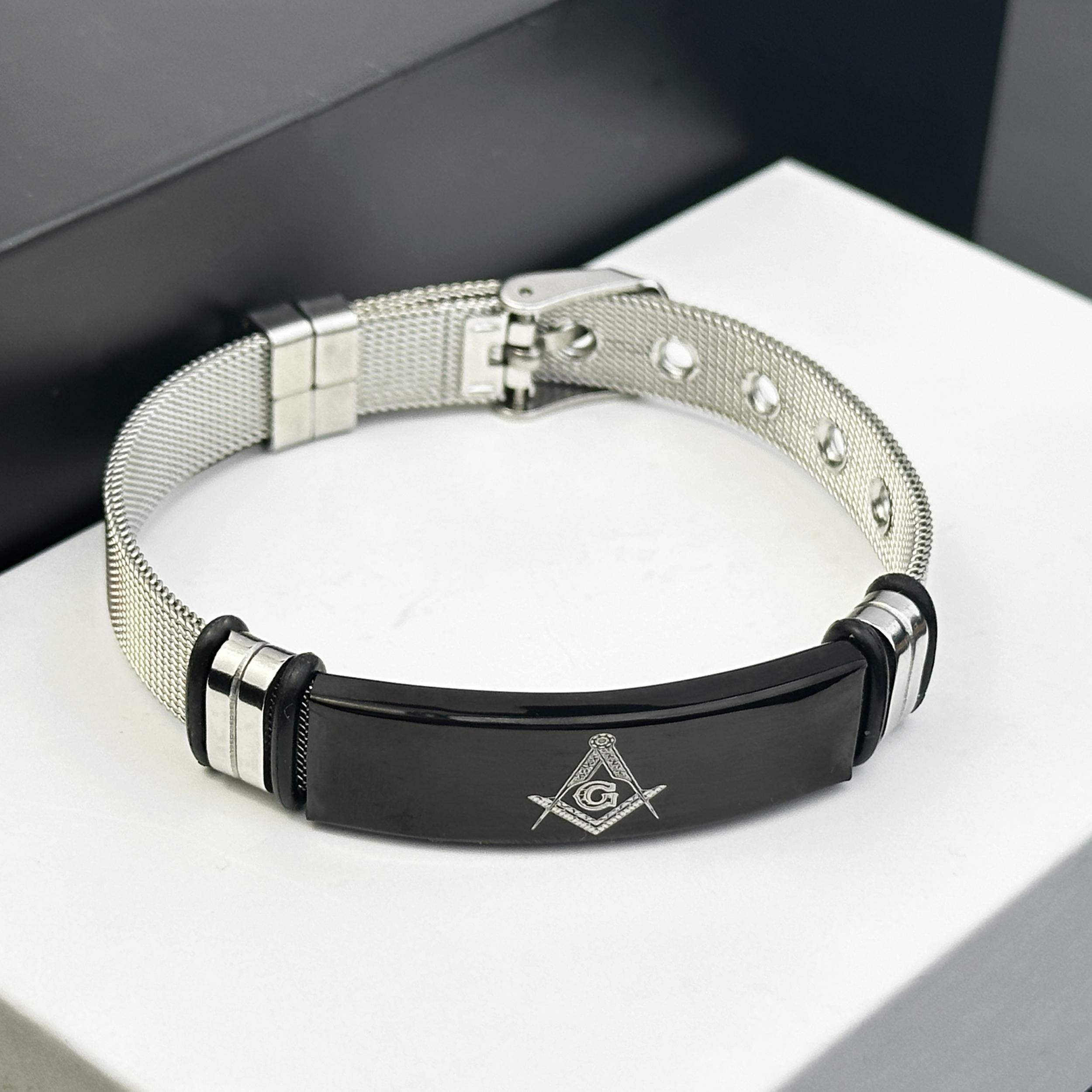 Men's Adjustable Stainless Steel Bracelet with Masonic Symbol
