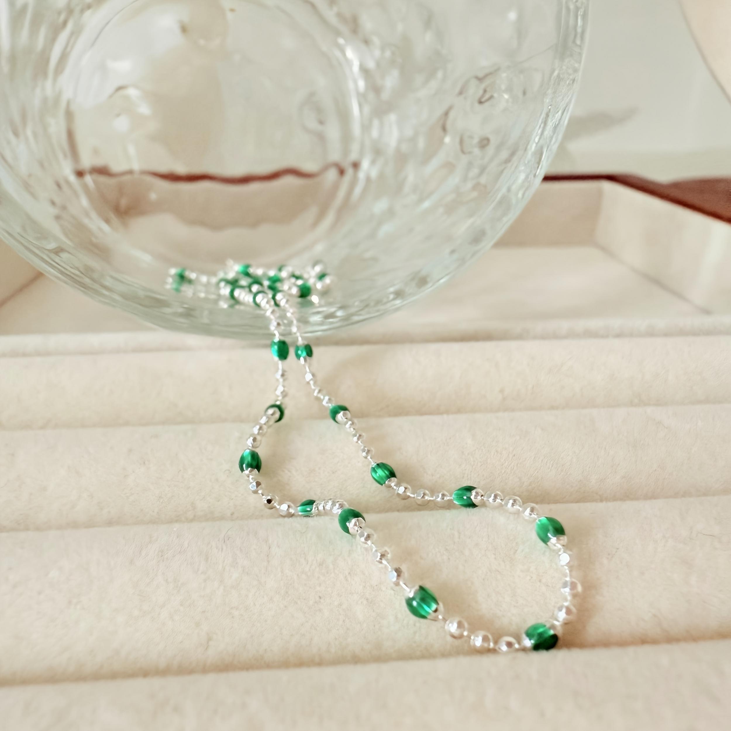 Boho Style 925 Silver Green Bead Necklace for Beach Vacations