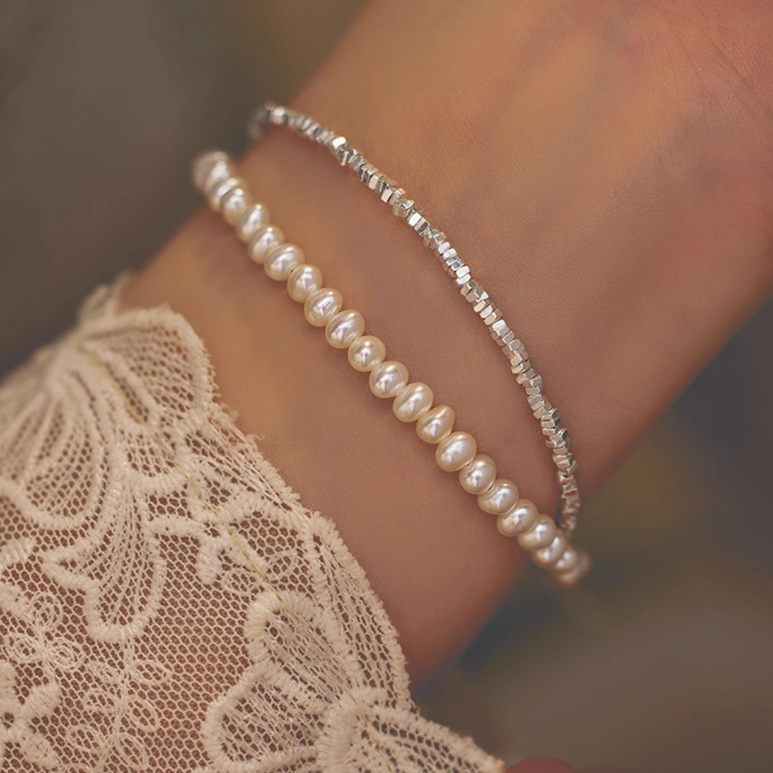 S925 Silver & Freshwater Pearl Double Layer Bracelet Romantic Accessory