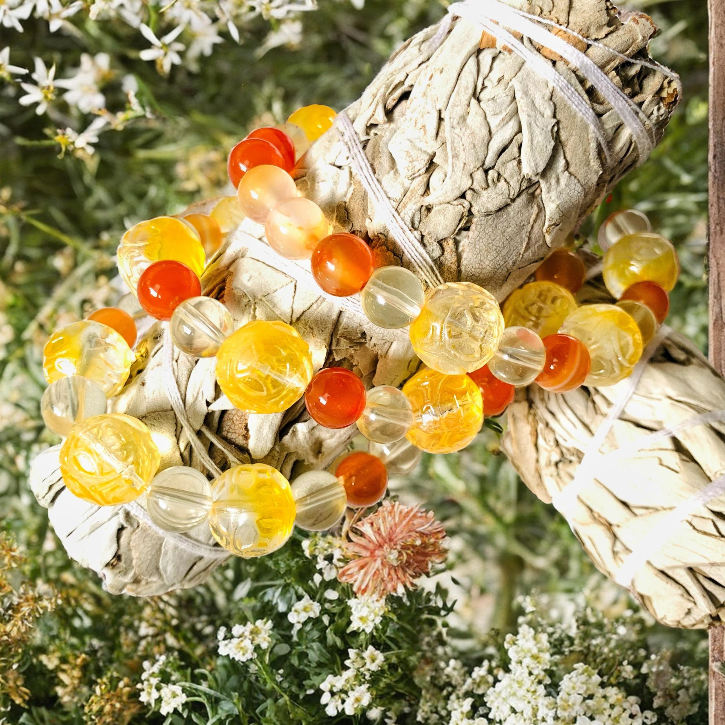 Natural Agate & Citrine Crystal Stone Bracelet Set with Yellow Glaze Ball
