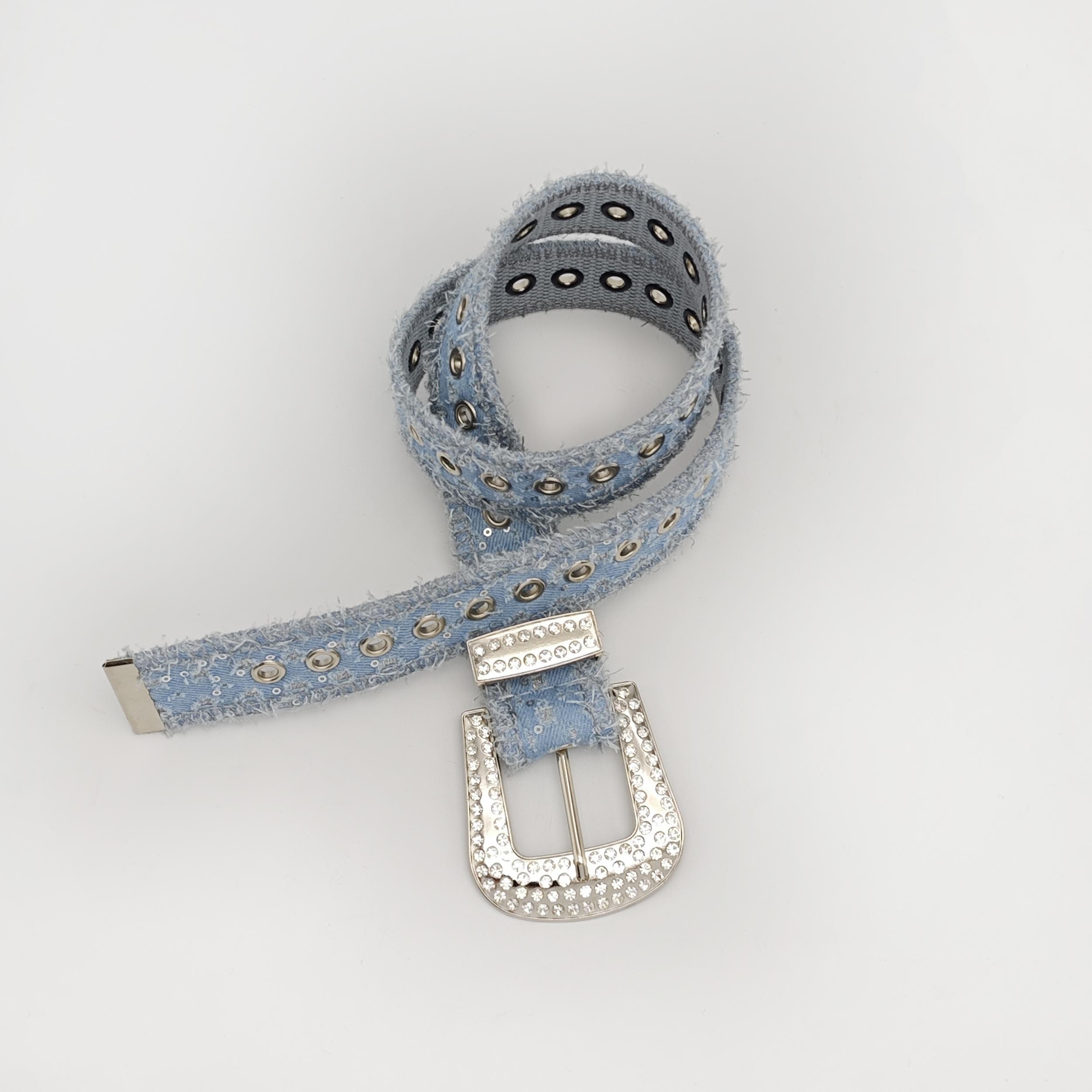 Patchwork Plush Belt Sequin Denim Women's Belt Personality Rhinestone Buckle